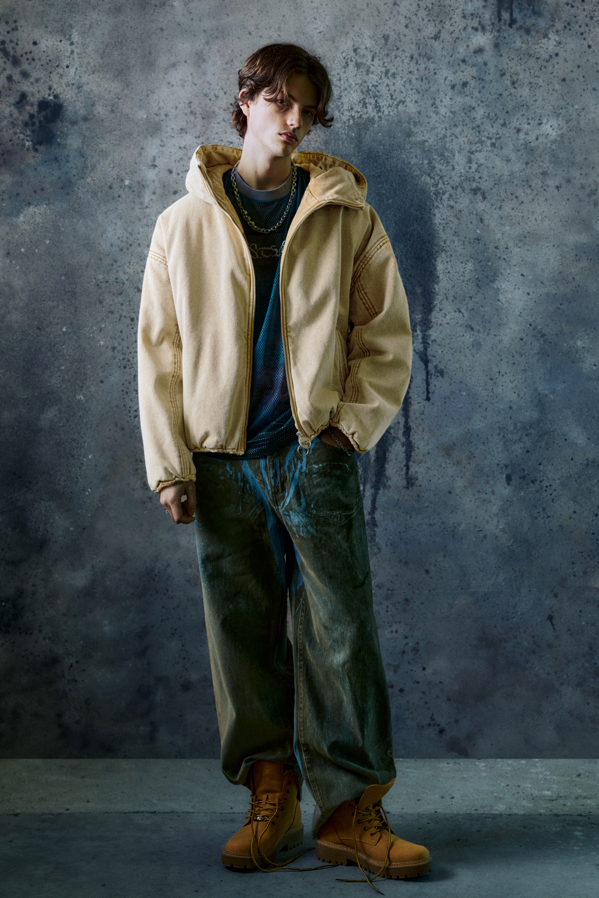 Washed-effect hooded jacket