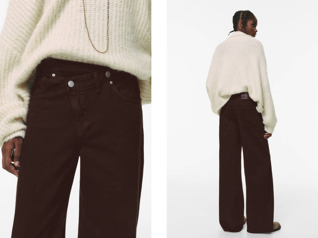 Jeans kaki lebar dengan pinggang bersilang