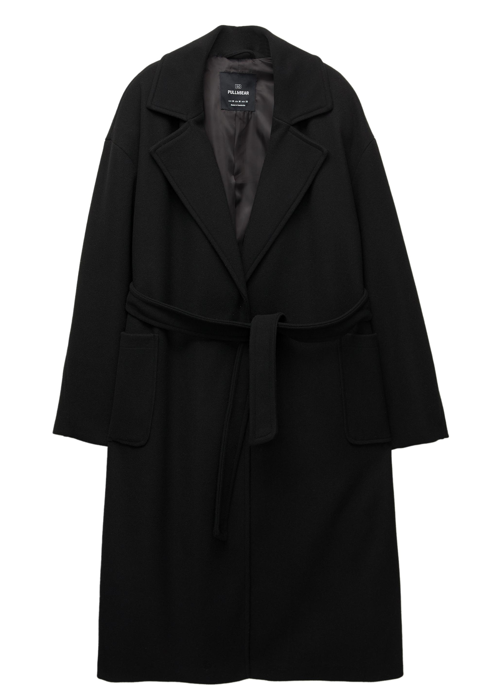 Long felt coat with belt — Black
