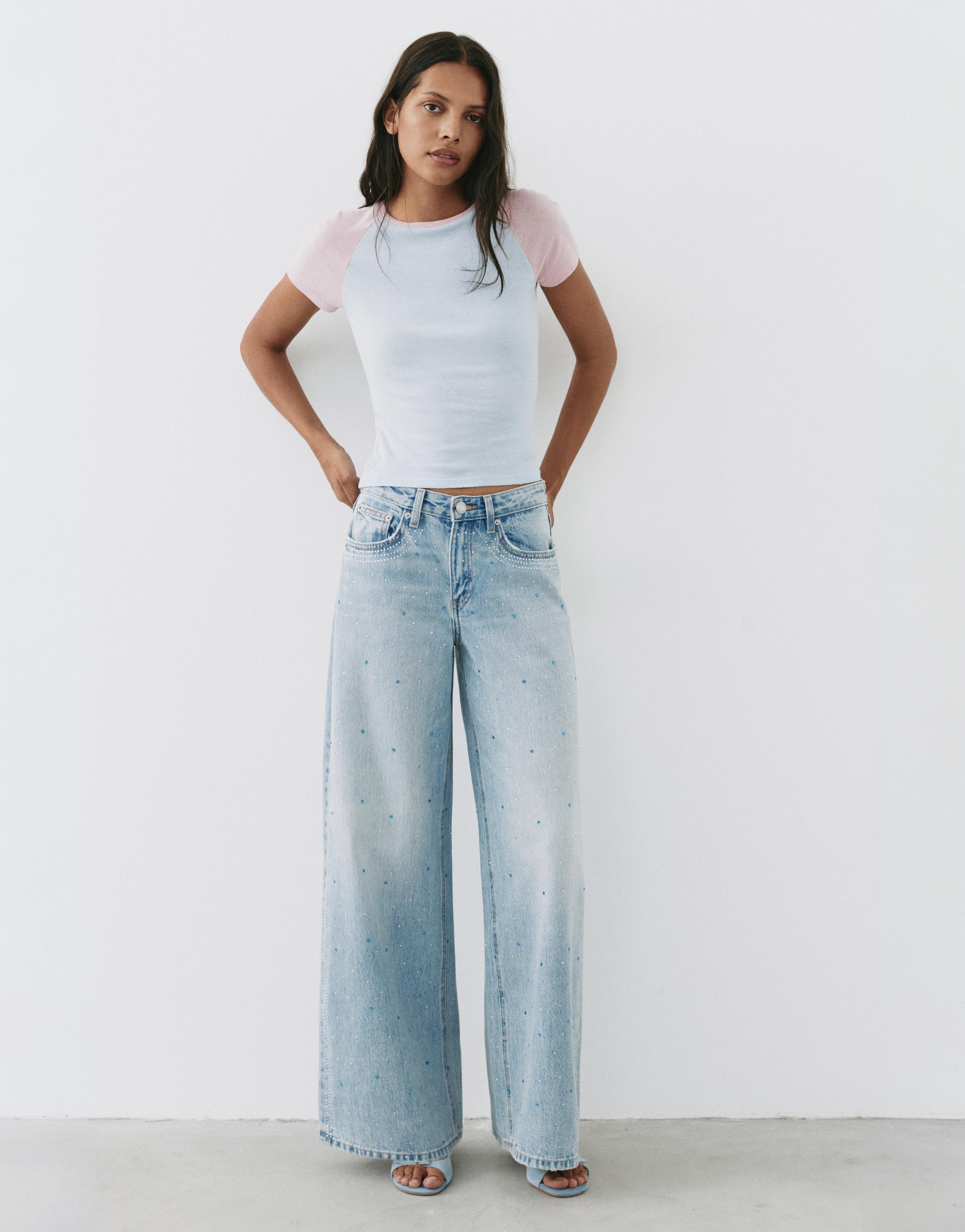 Rhinestone wide-leg jeans — Pale blue