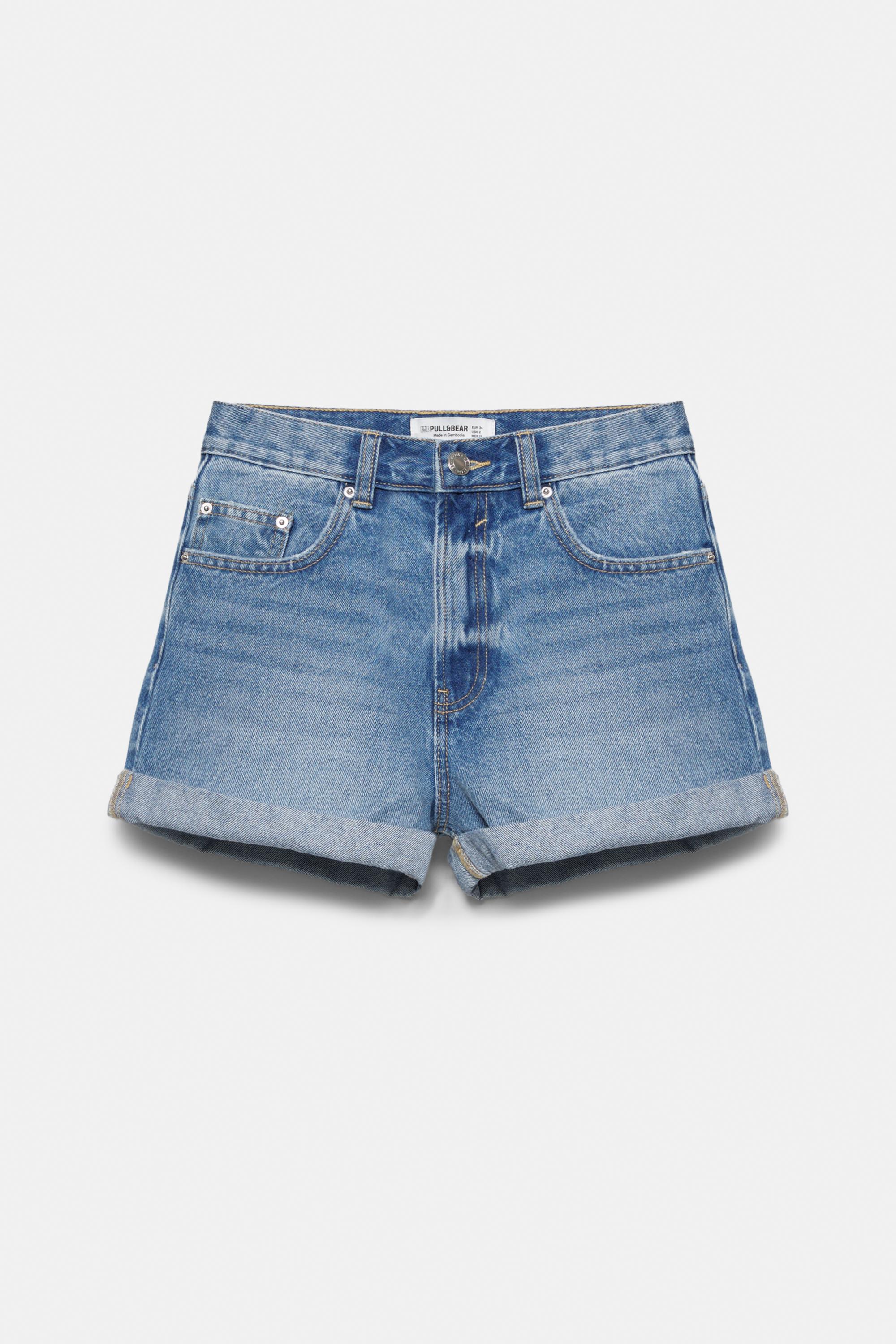 Denim mom fit shorts with turn-up hems — Medium blue