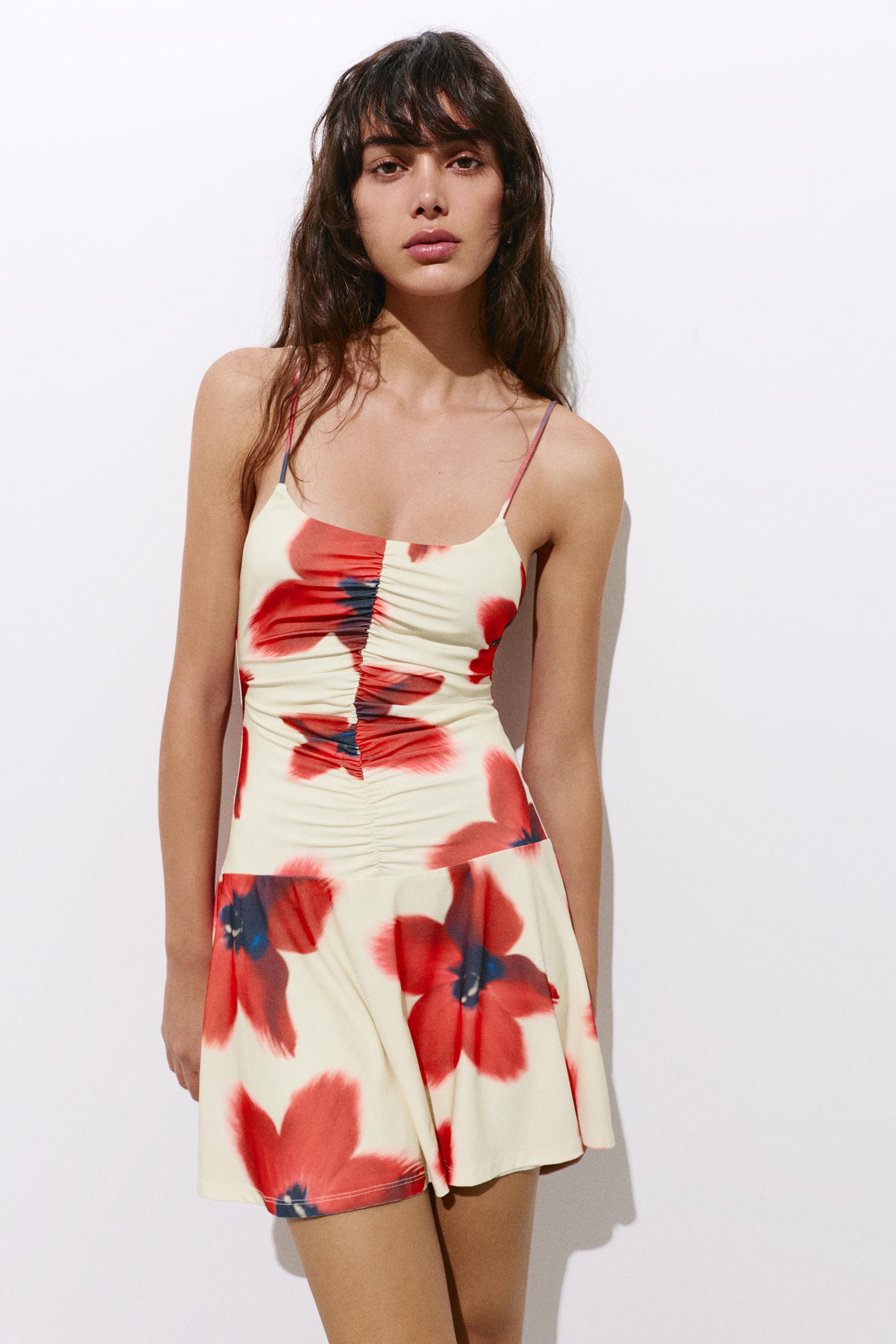 Short strappy gathered dress — Ecru/Red