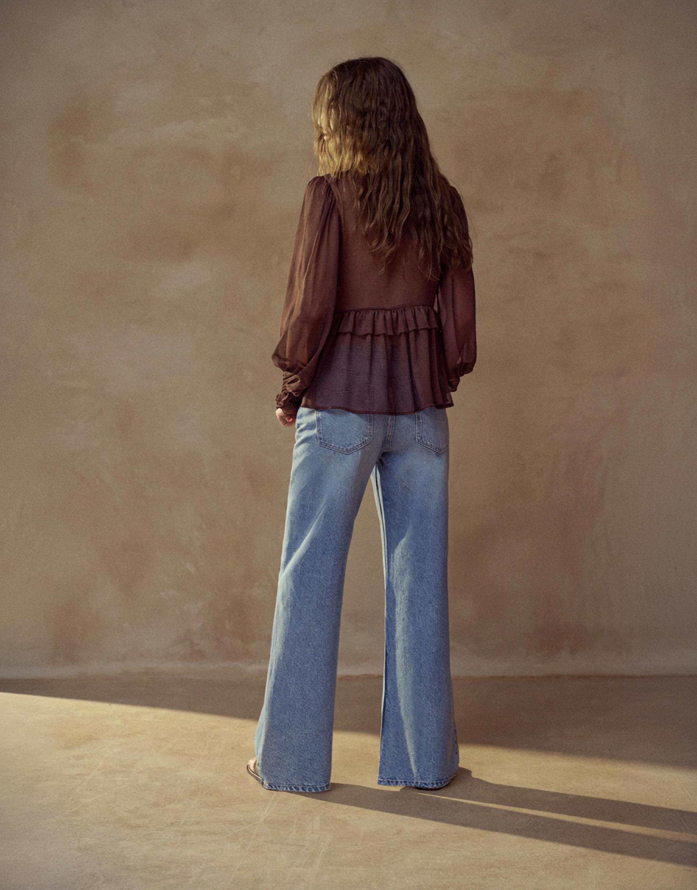 Sheer blouse with ruffle — Brown