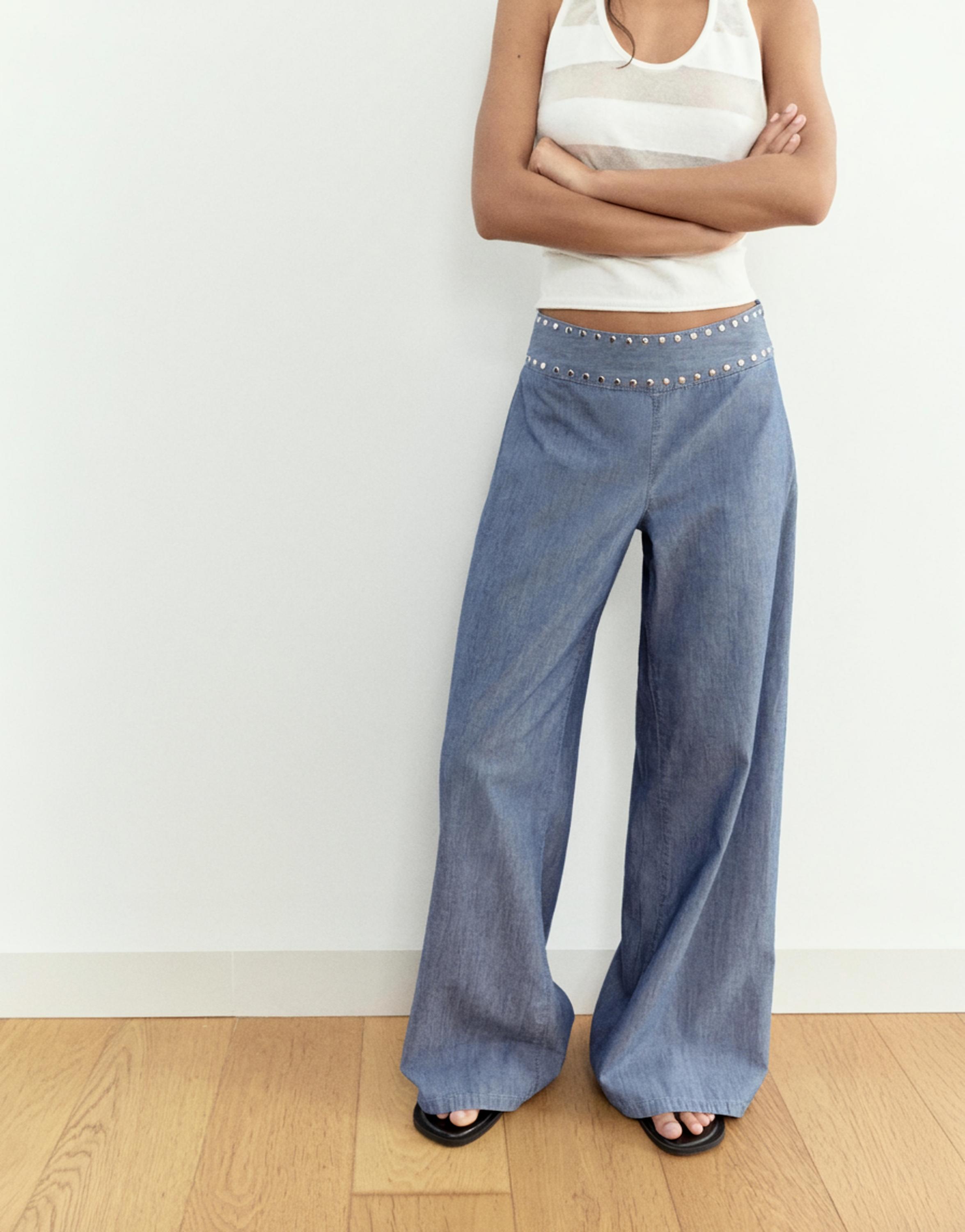 Wide-leg jeans with studs — Dark blue