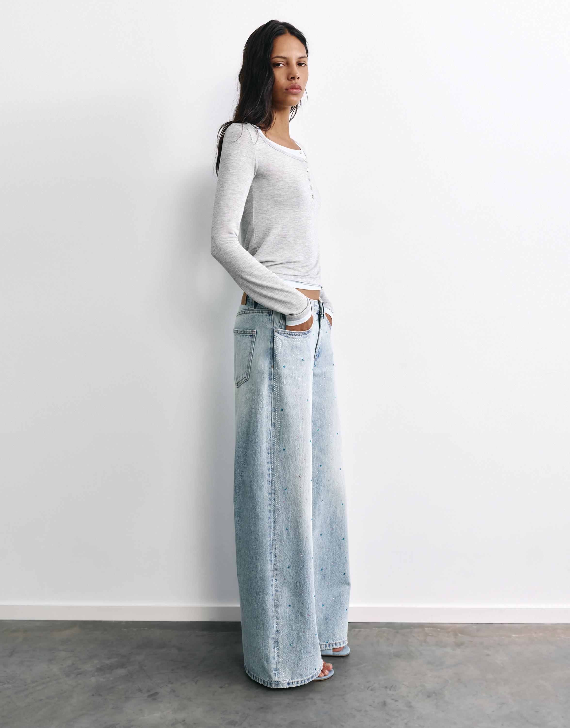 Rhinestone wide-leg jeans — Pale blue