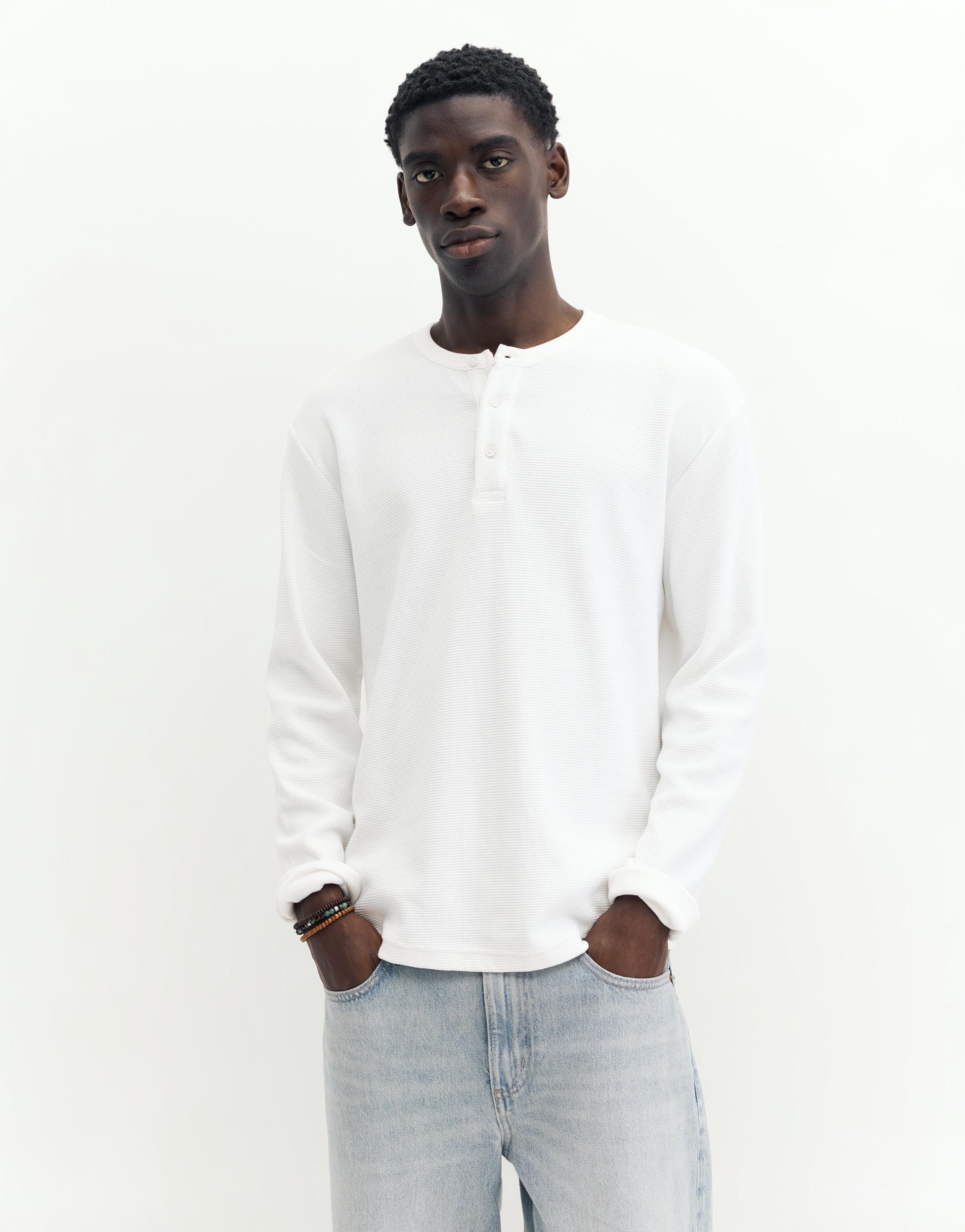Waffle-knit long sleeve T-shirt — White