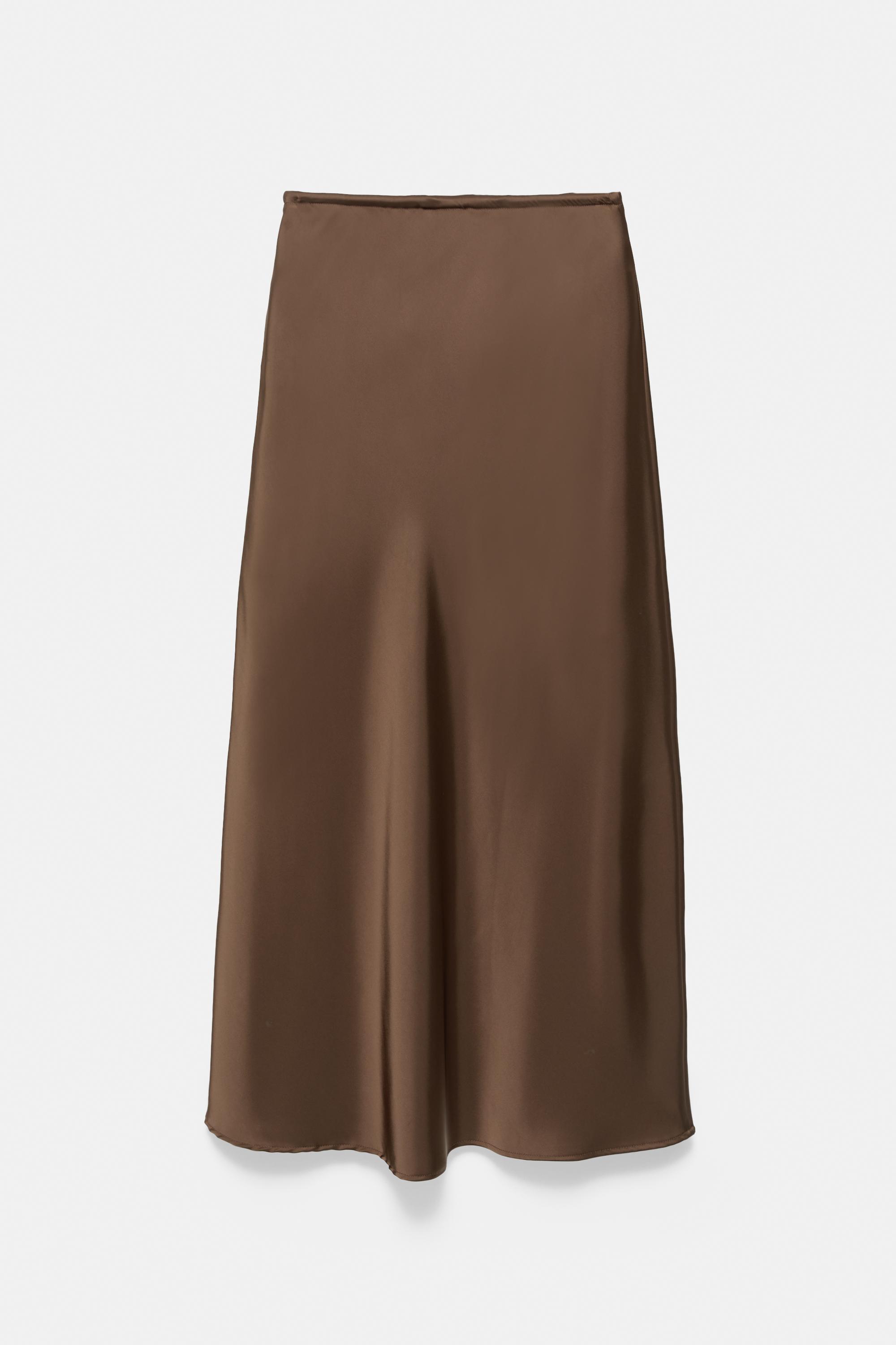 Satin drawstring midi skirt — Dark brown