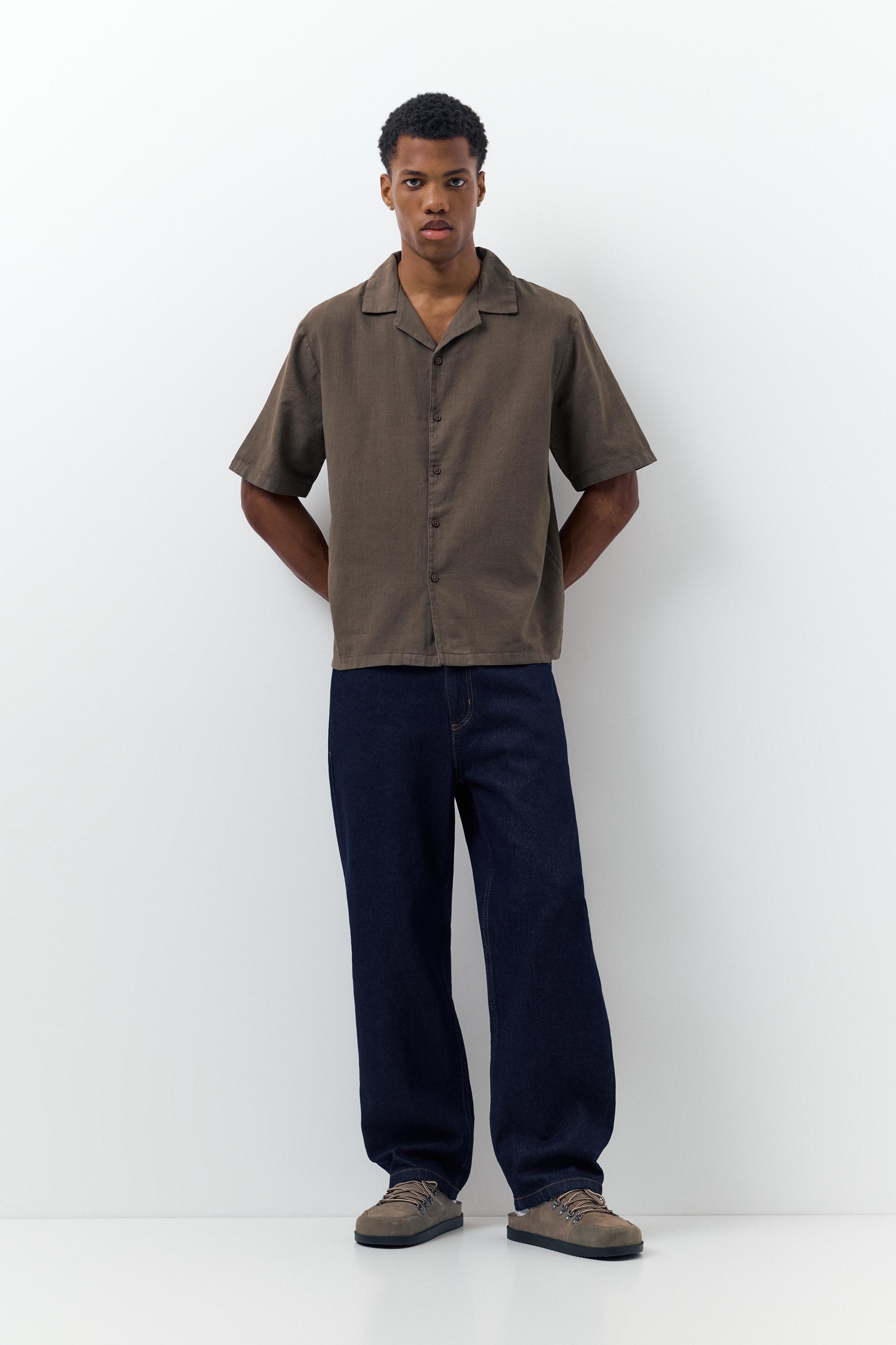 Short sleeve linen blend shirt — Chocolate