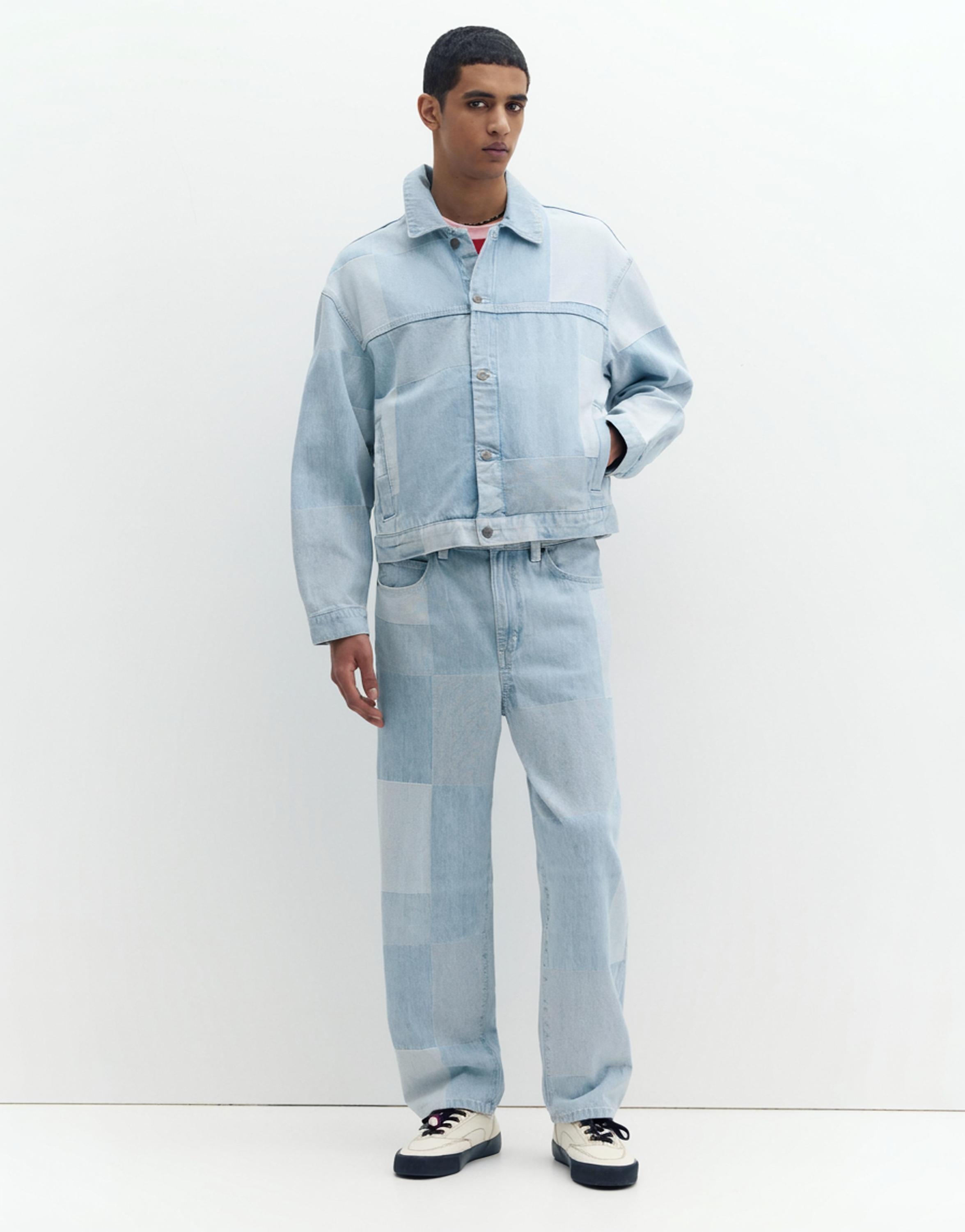 Patchwork kareli denim ceket - Görsel 15