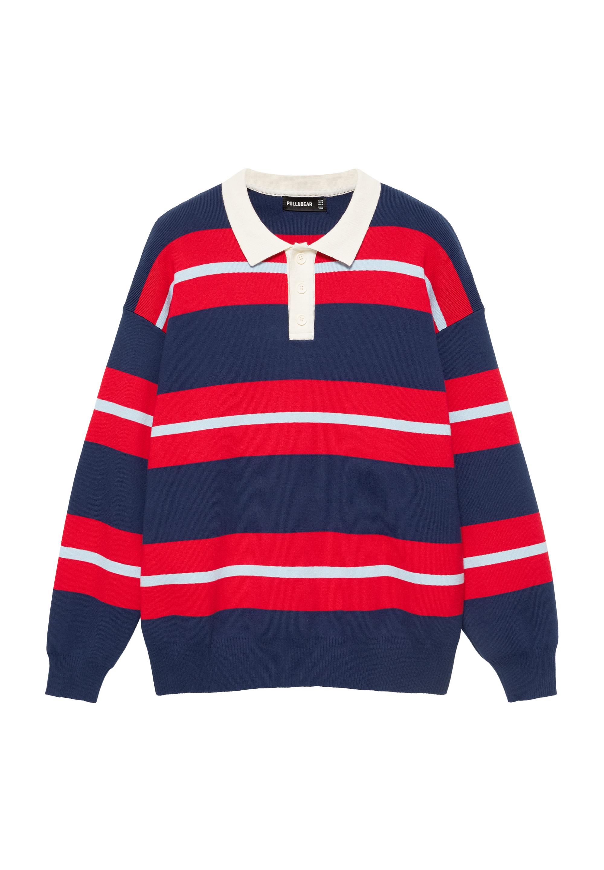 Striped knit polo shirt — Navy