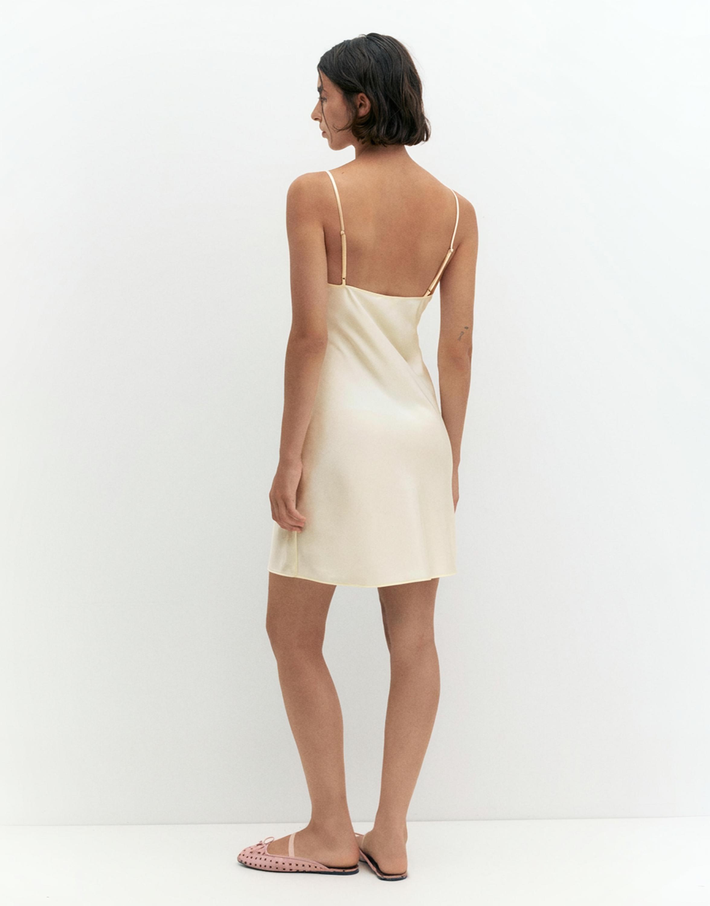 Short satin strappy dress — Ecru