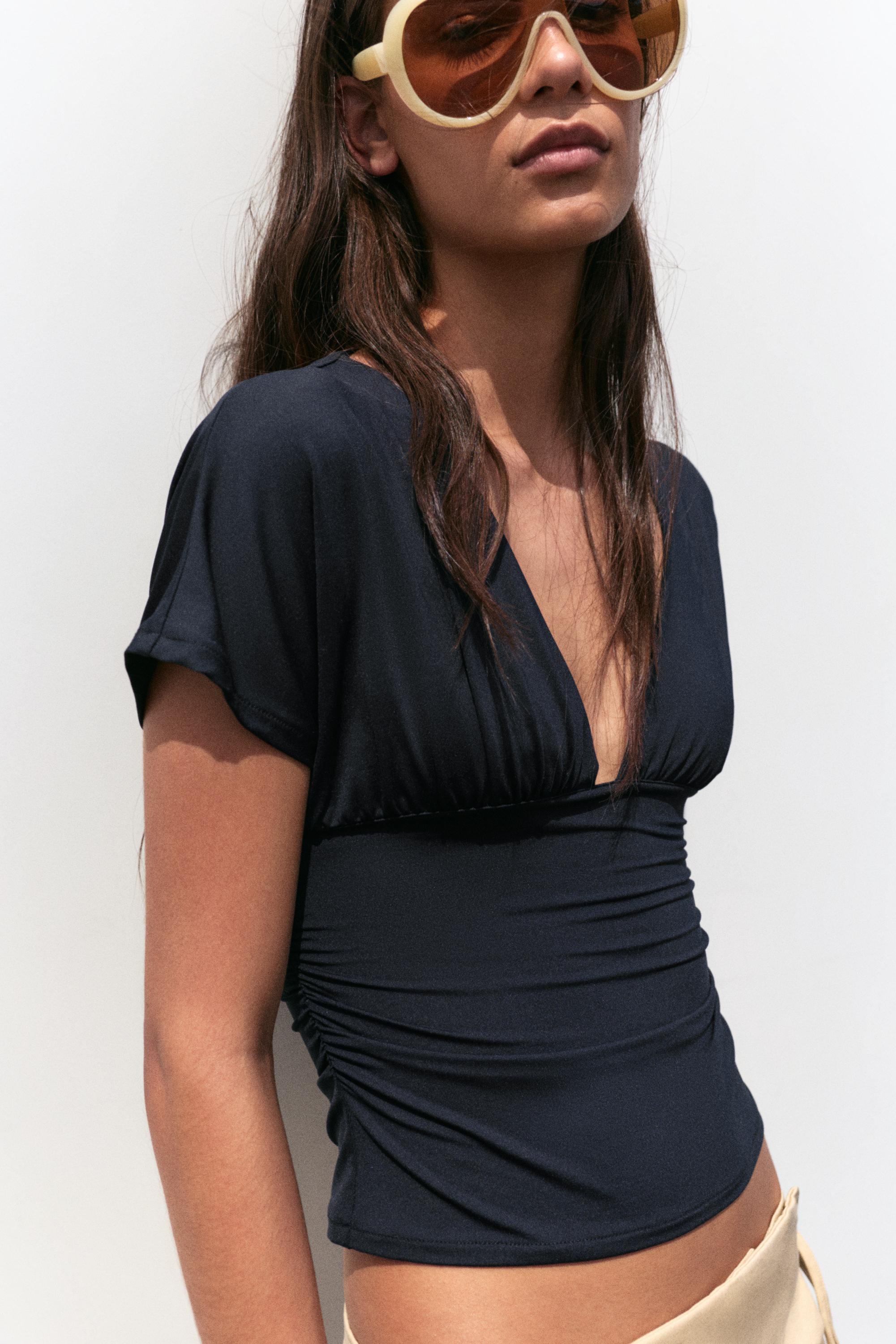 Gathered V-neck top — Black