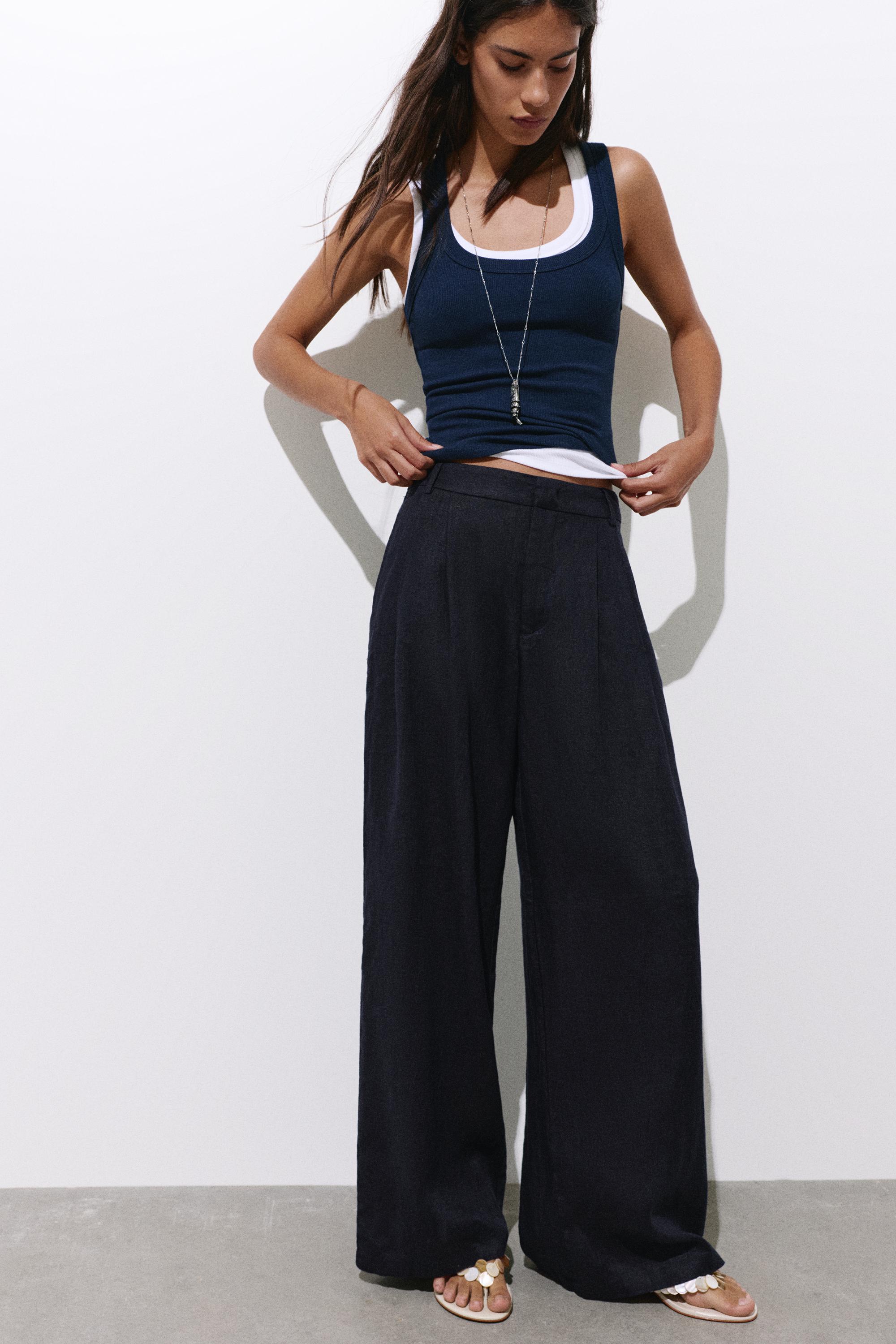 Wide-leg 100% linen trousers — Dark navy