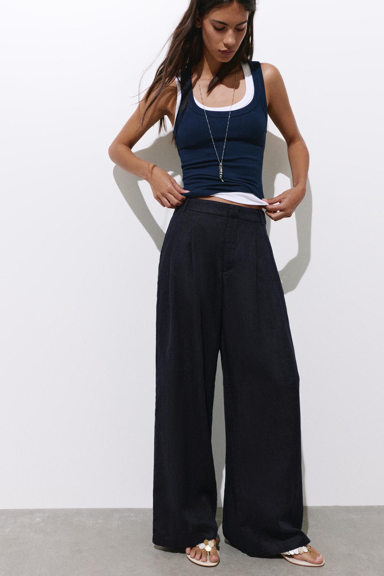 Wide-leg 100% linen trousers — Dark navy