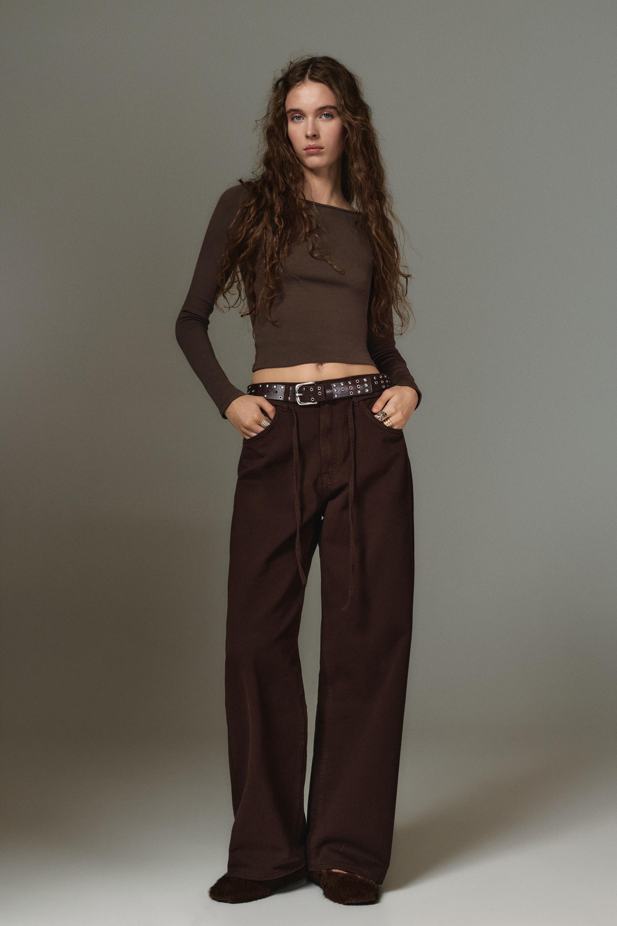 Long sleeve boat neck T-shirt — Brown