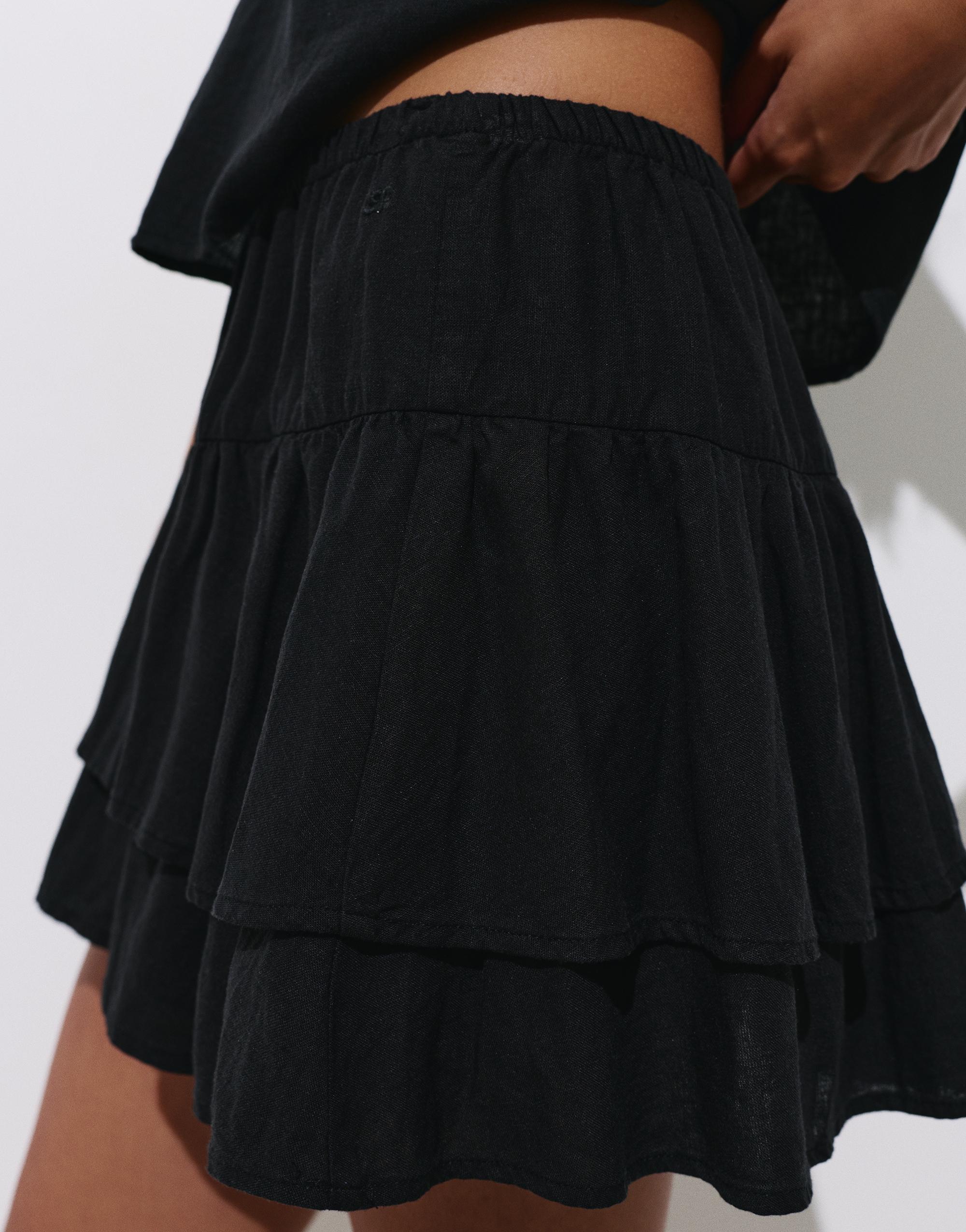 Ruffled mini skirt with linen — Black