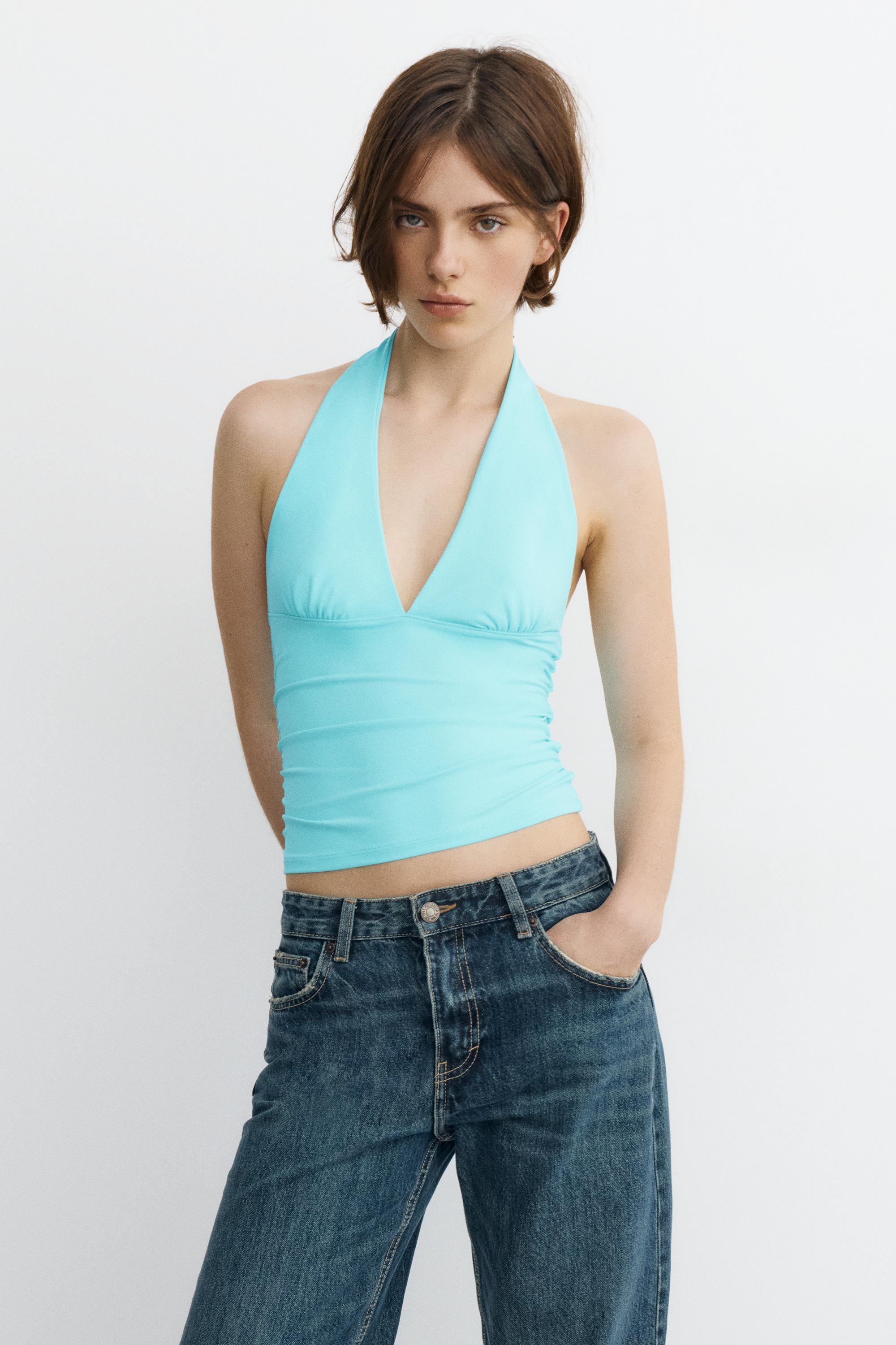 Halter neck top with gathering — Pale turquoise