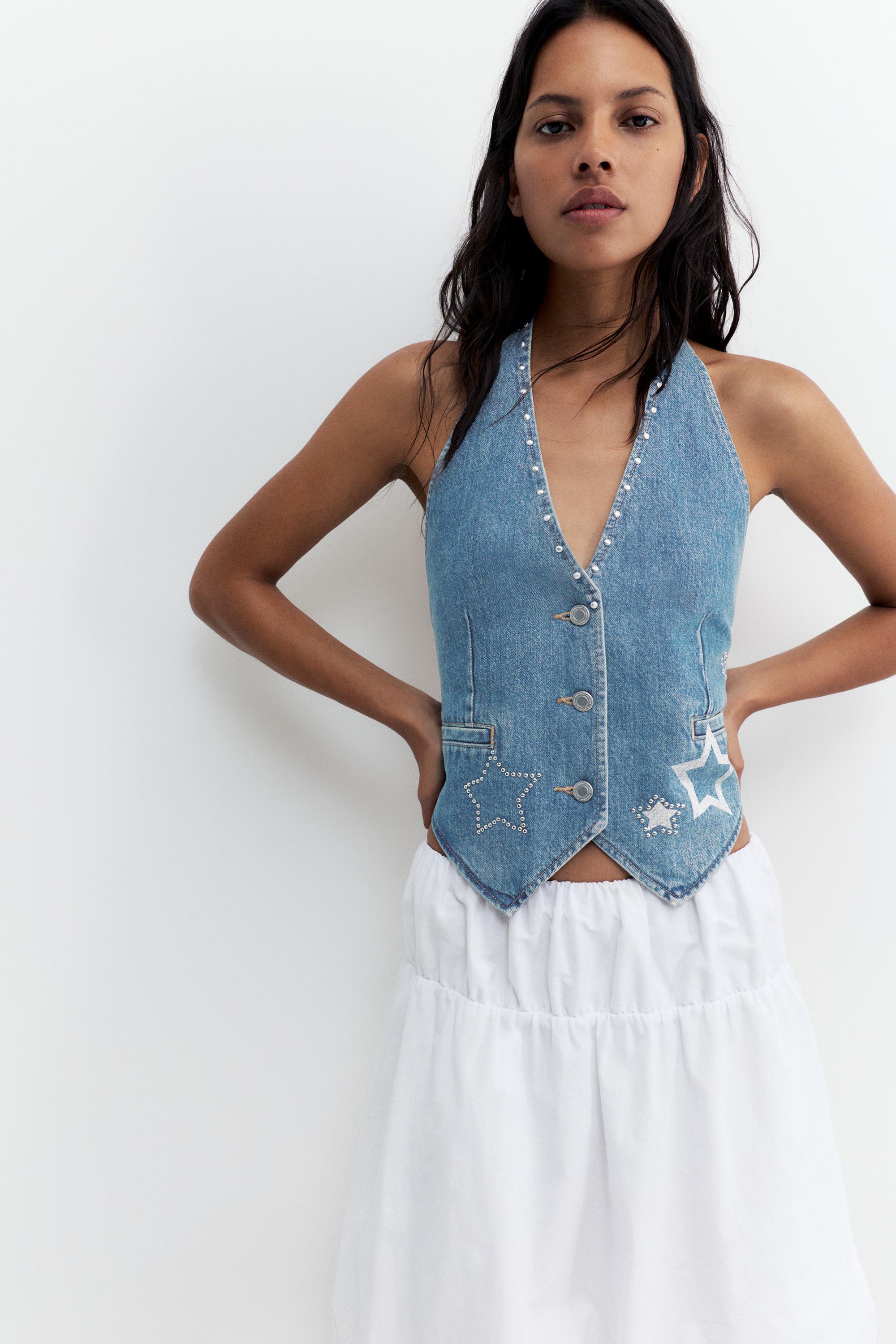 Star and stud denim vest — Medium blue