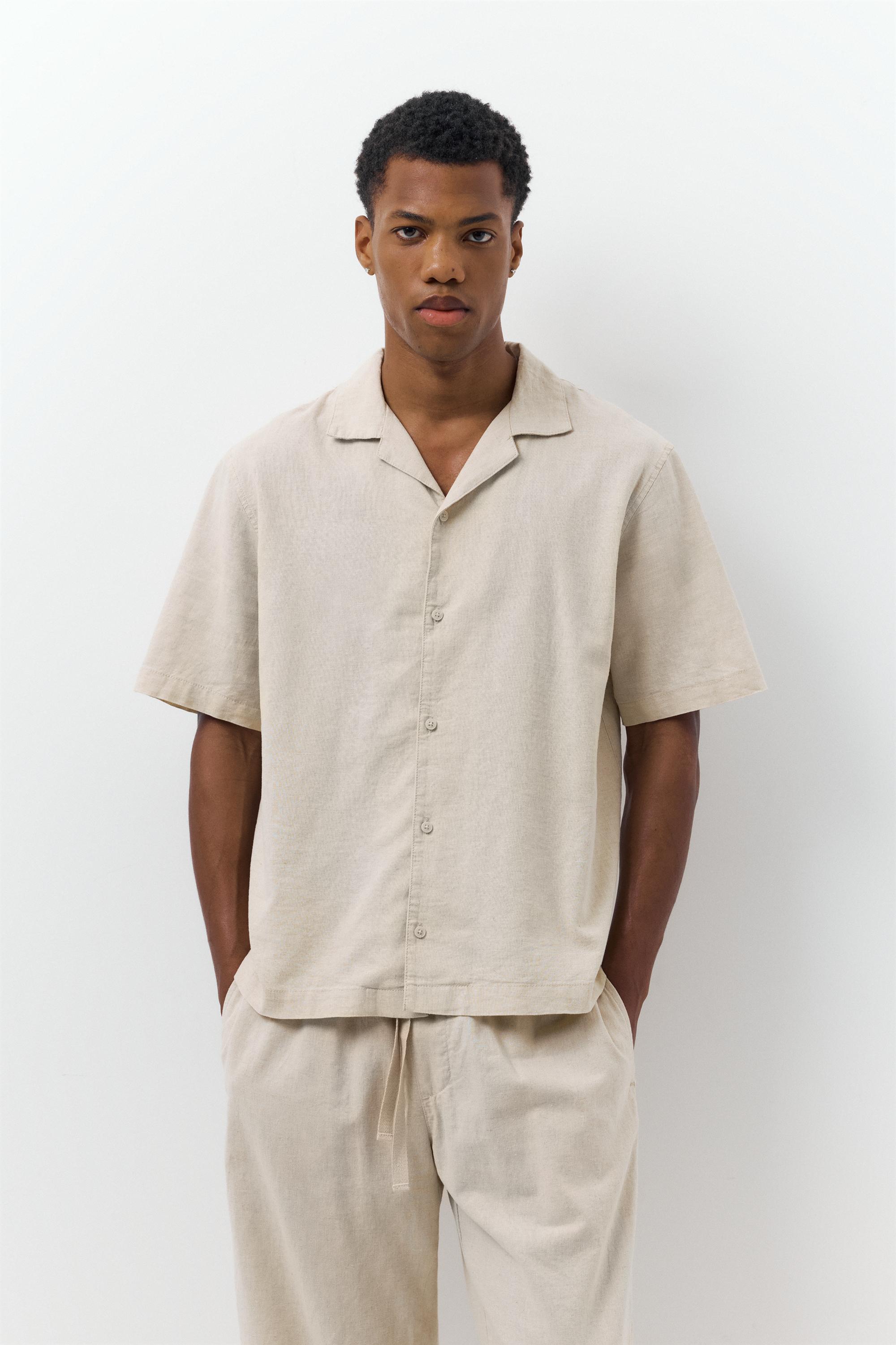 Short sleeve linen blend shirt — Beige