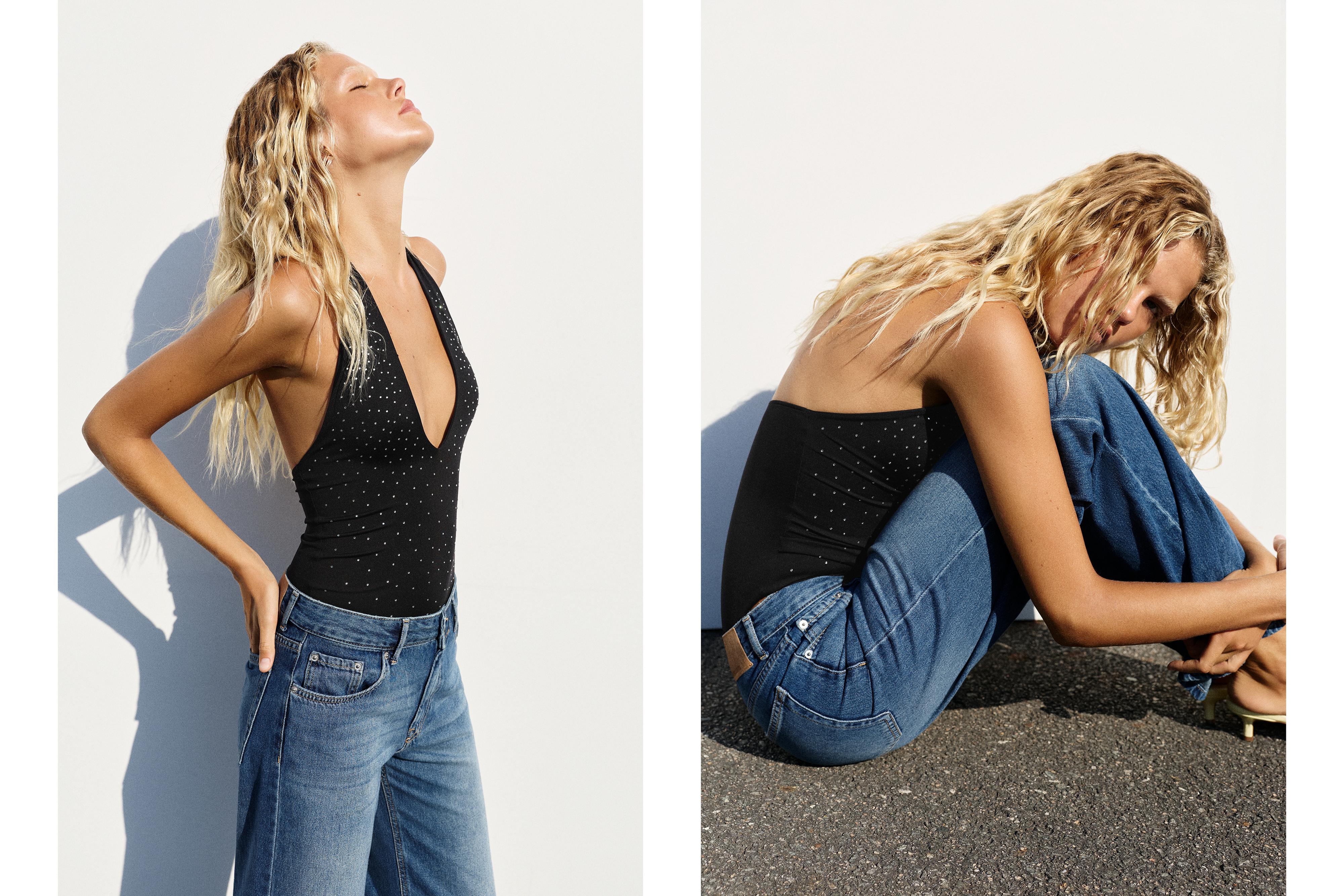 Rhinestone halter bodysuit — Black