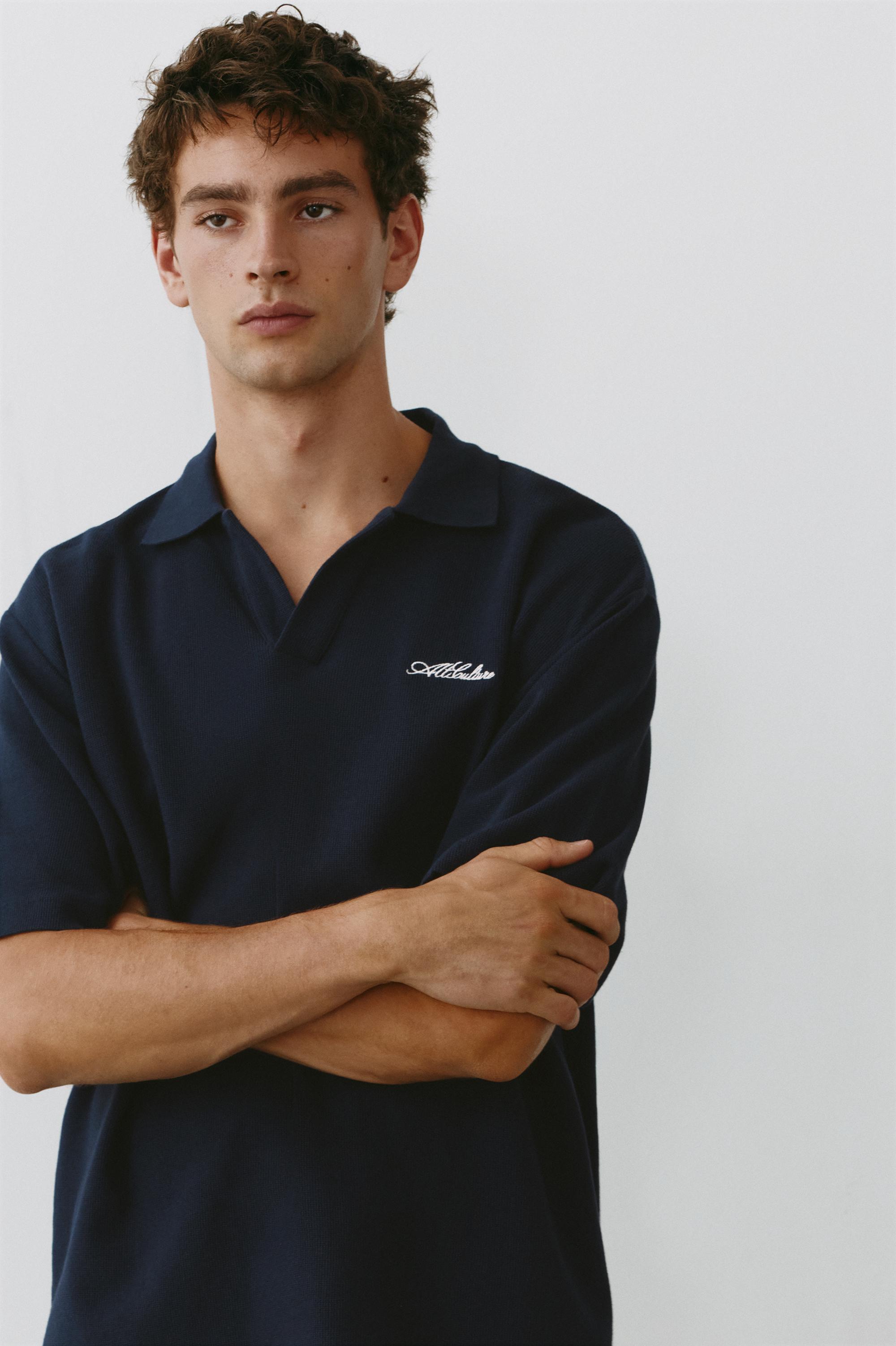 Short sleeve waffle-knit polo shirt — Navy