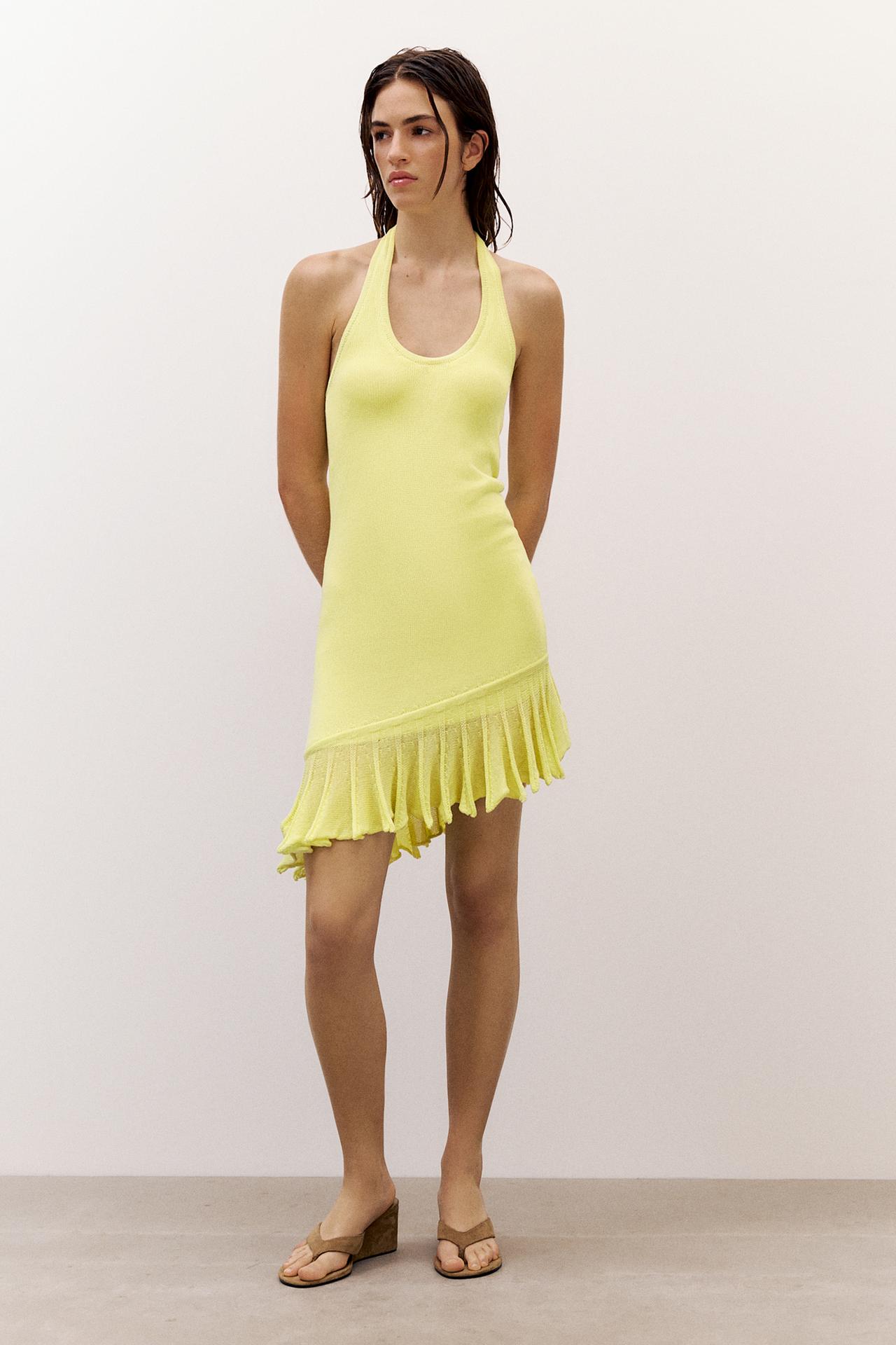 Asymmetric knit halter dress — Lime