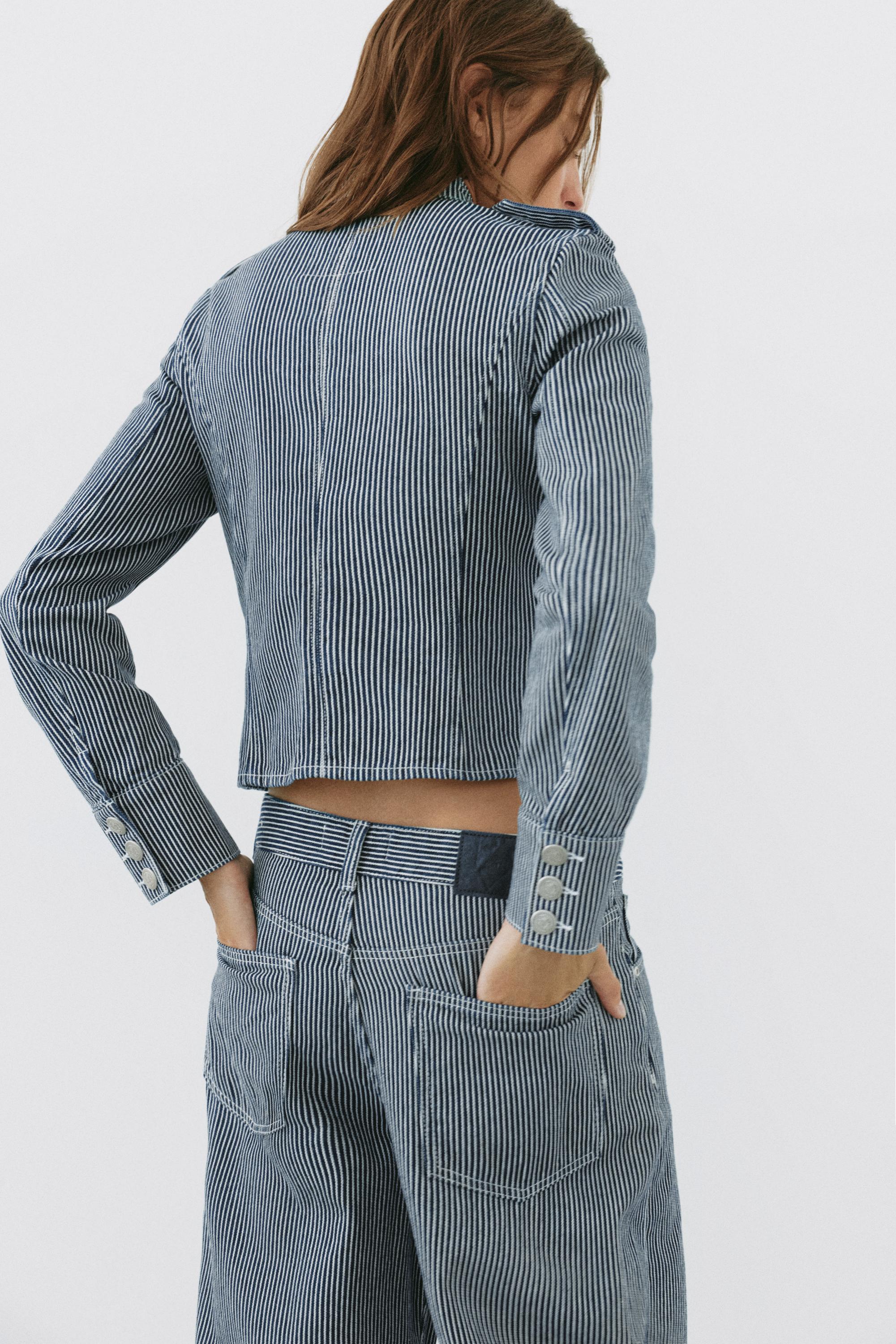 Striped buttoned denim jacket — Dark blue