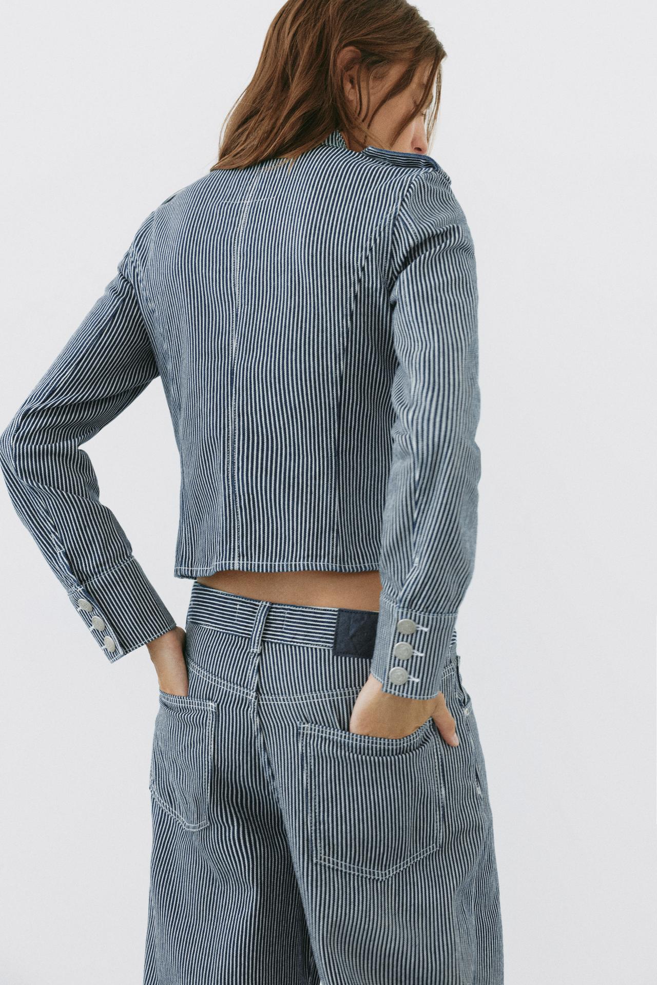 Striped buttoned denim jacket — Dark blue