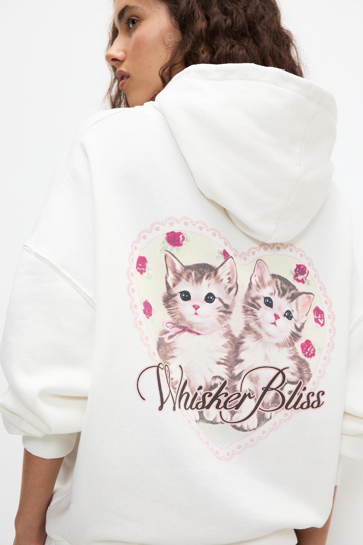 Kedi baskılı kapüşonlu sweatshirt_8