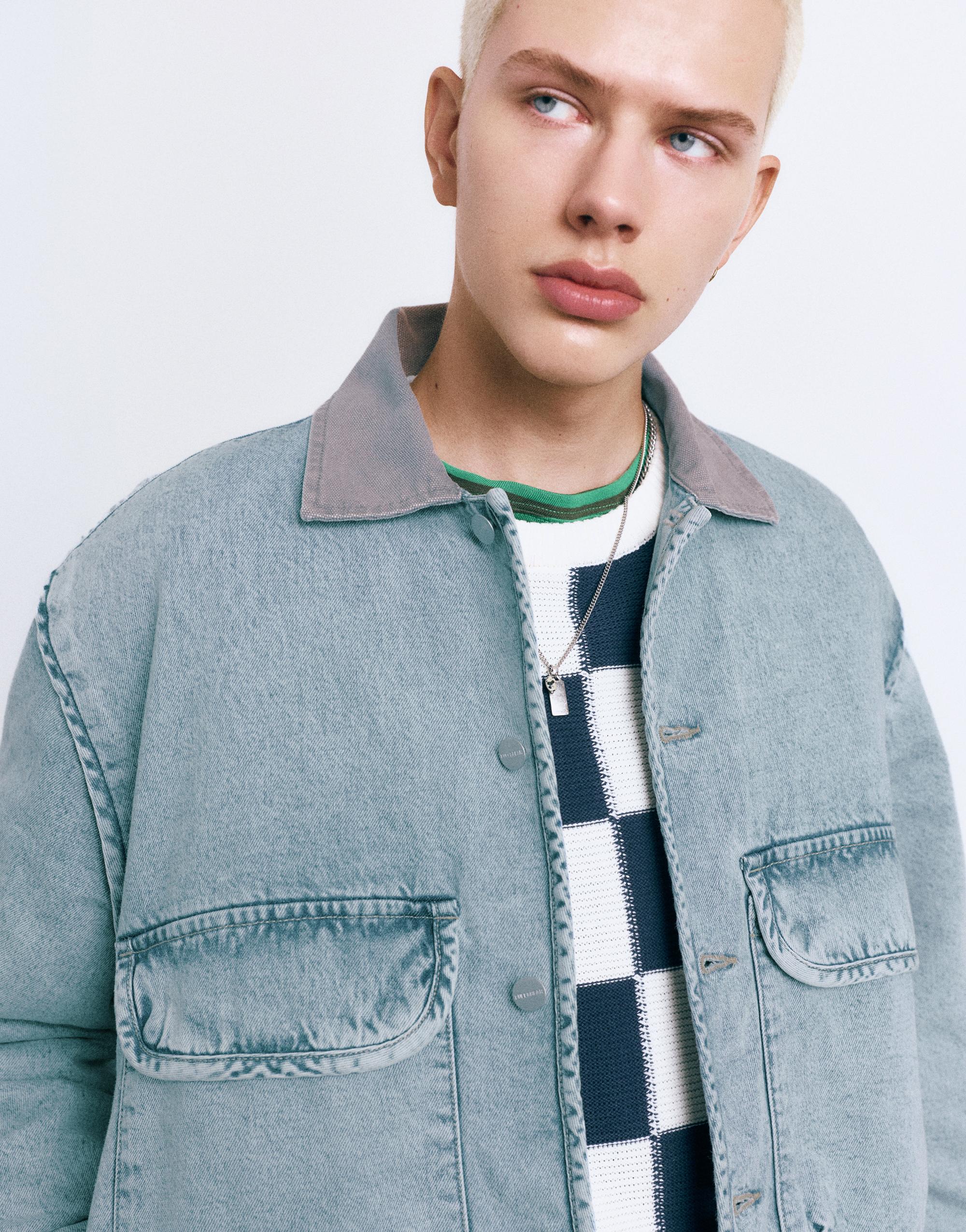 Kontrast yakalı denim ceket - Görsel 13