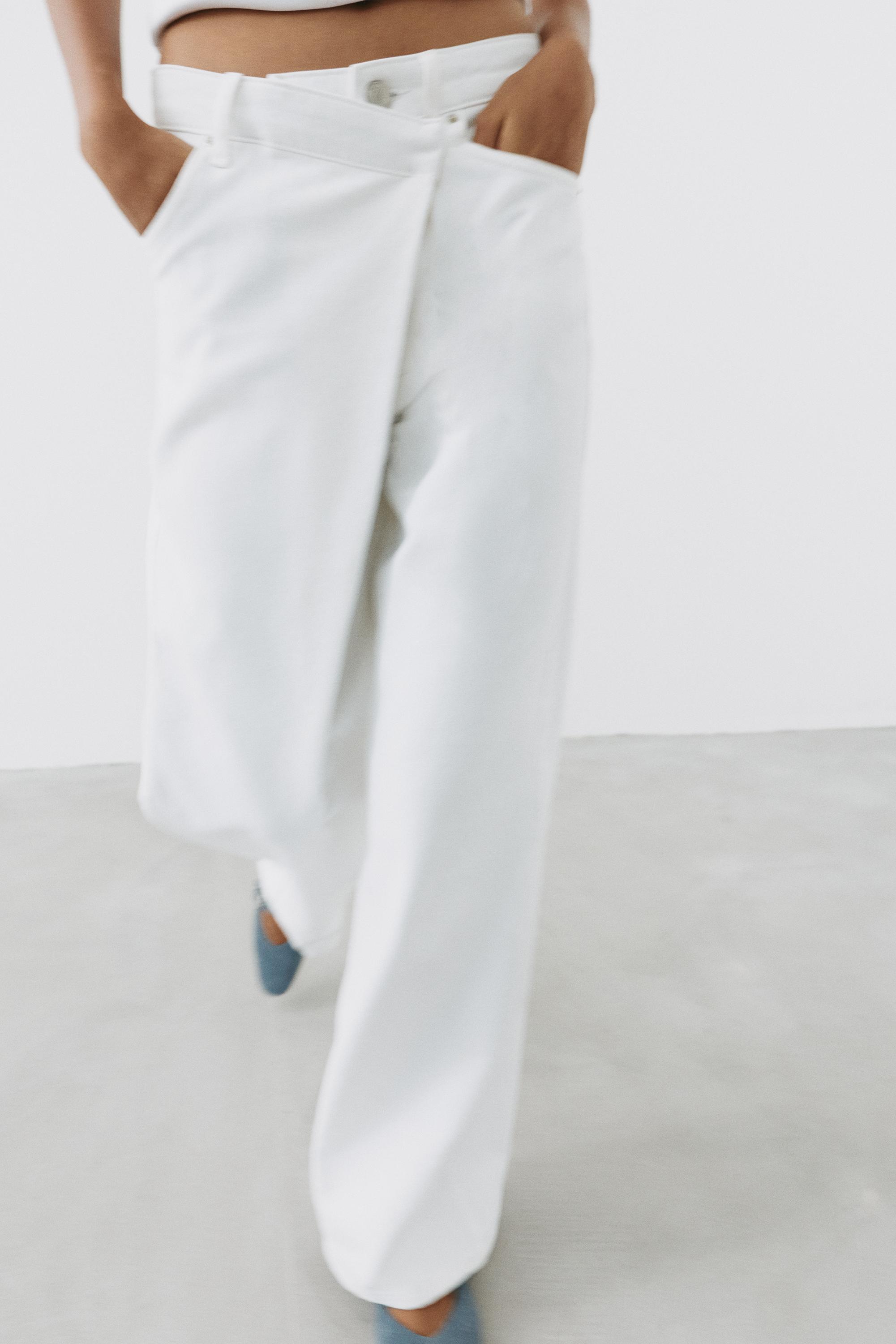 White crossover waist baggy jeans — White