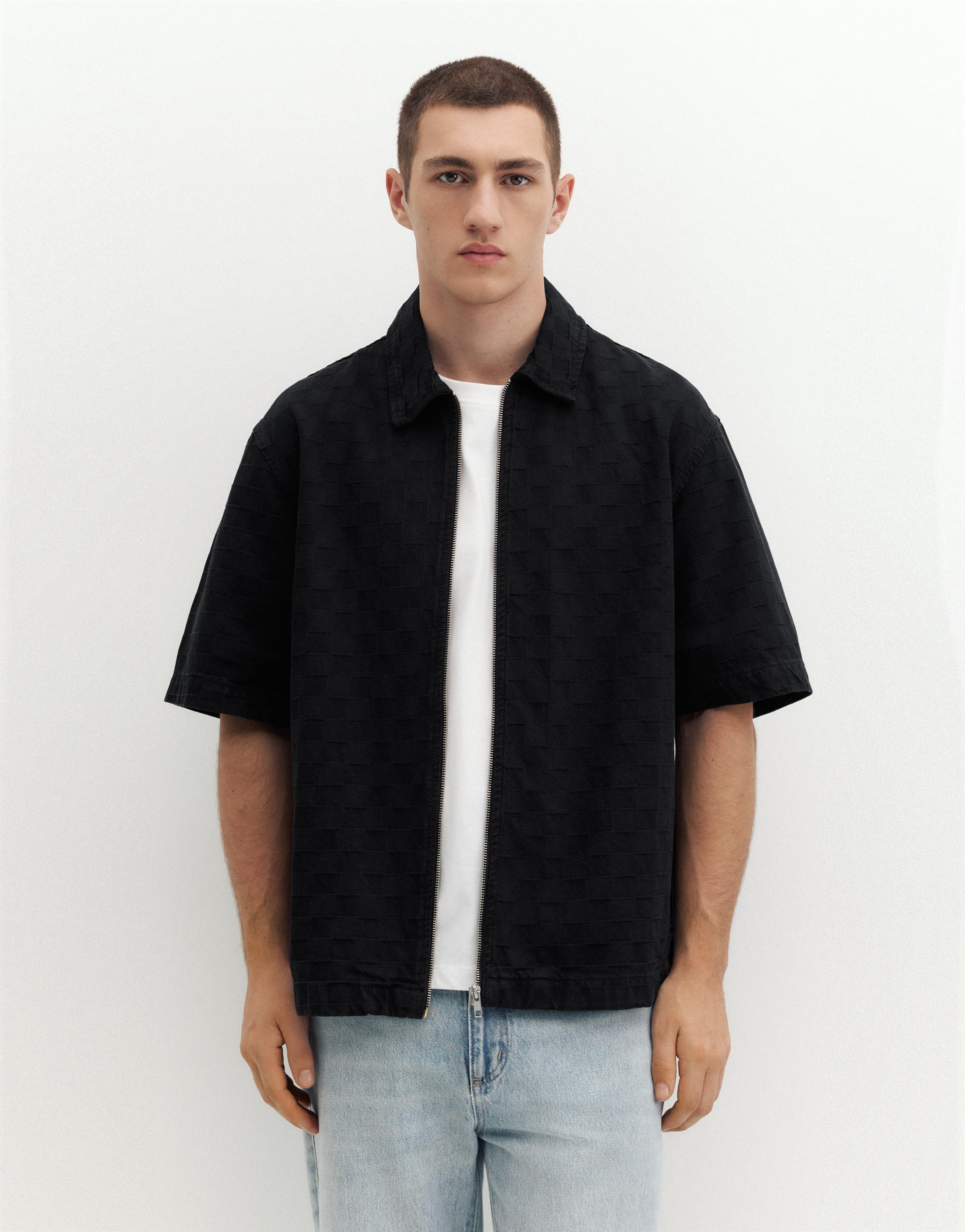 Short sleeve zip check shirt — Black