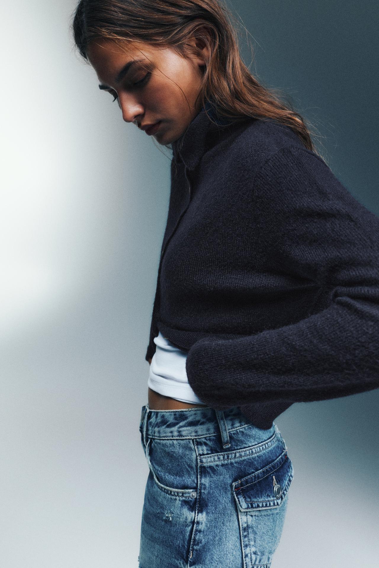 High neck buttoned cardigan — Navy