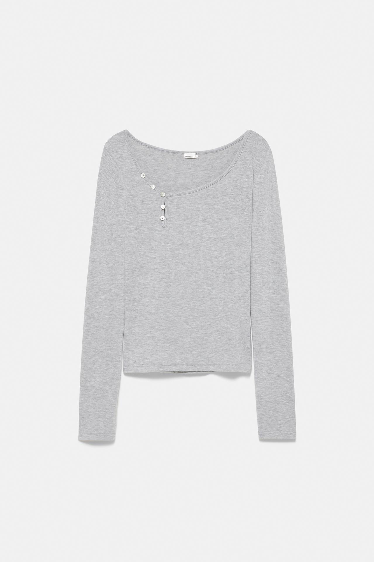 Asymmetric neckline top with buttons — Grey marl