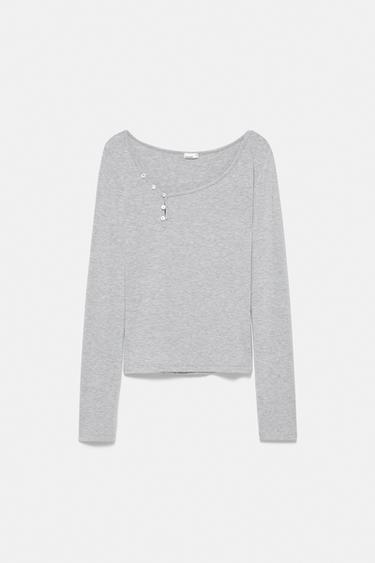 Asymmetric neckline top with buttons — Grey marl 6