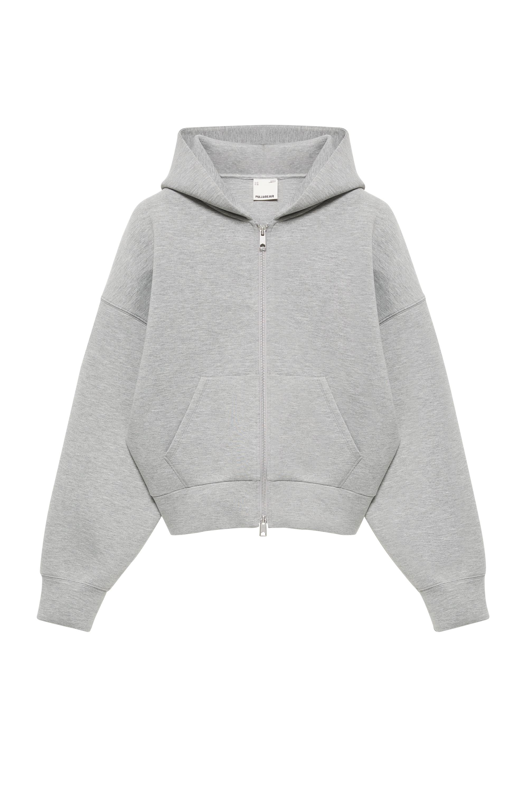 Pull&Bear Fermuarlı kapüşonlu sentetik kauçuk görünümlü sweatshirt görsel 2