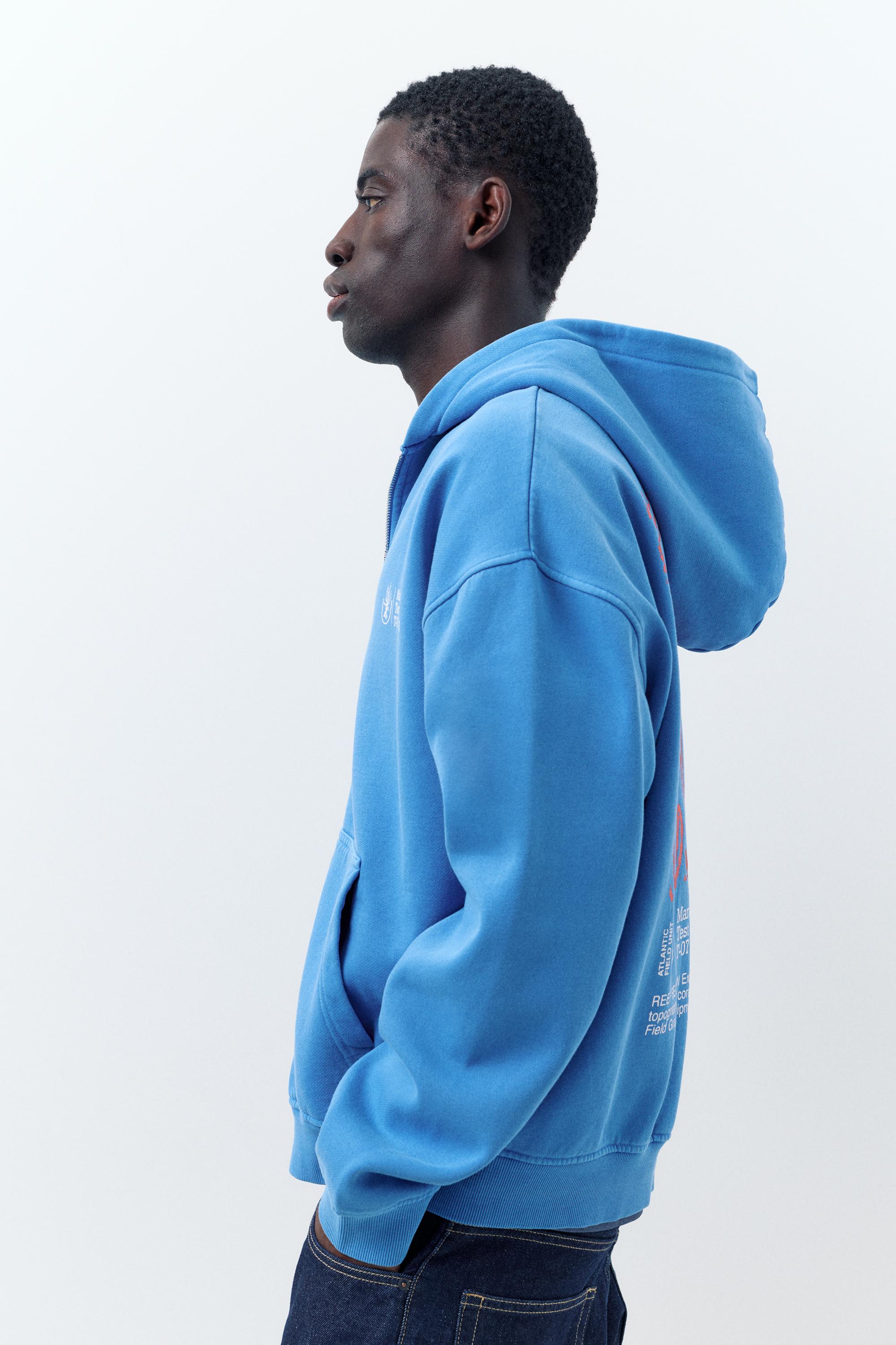 Fermuarlı mavi kapüşonlu sweatshirt - Görsel 7