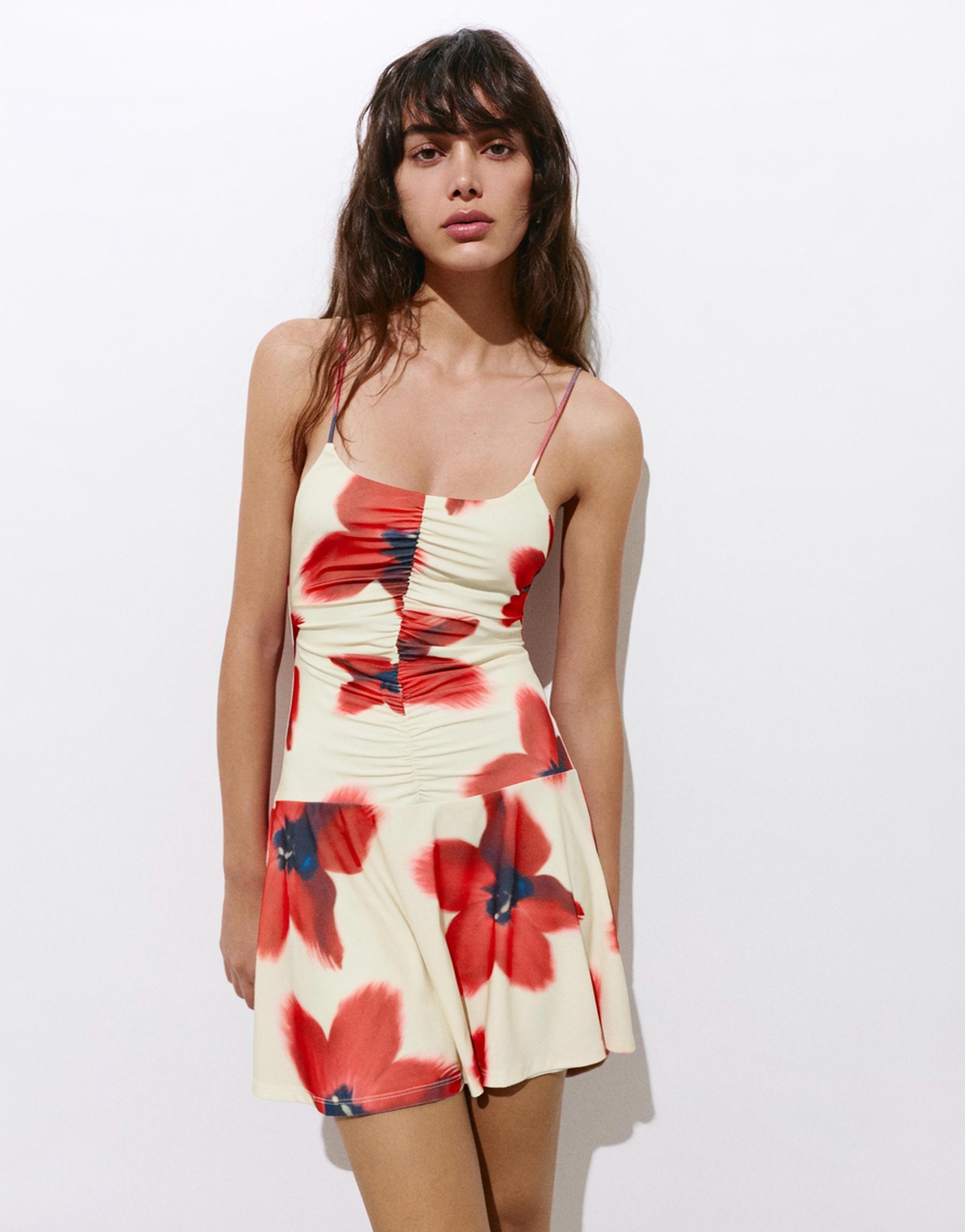 Short strappy gathered dress — Ecru/Red