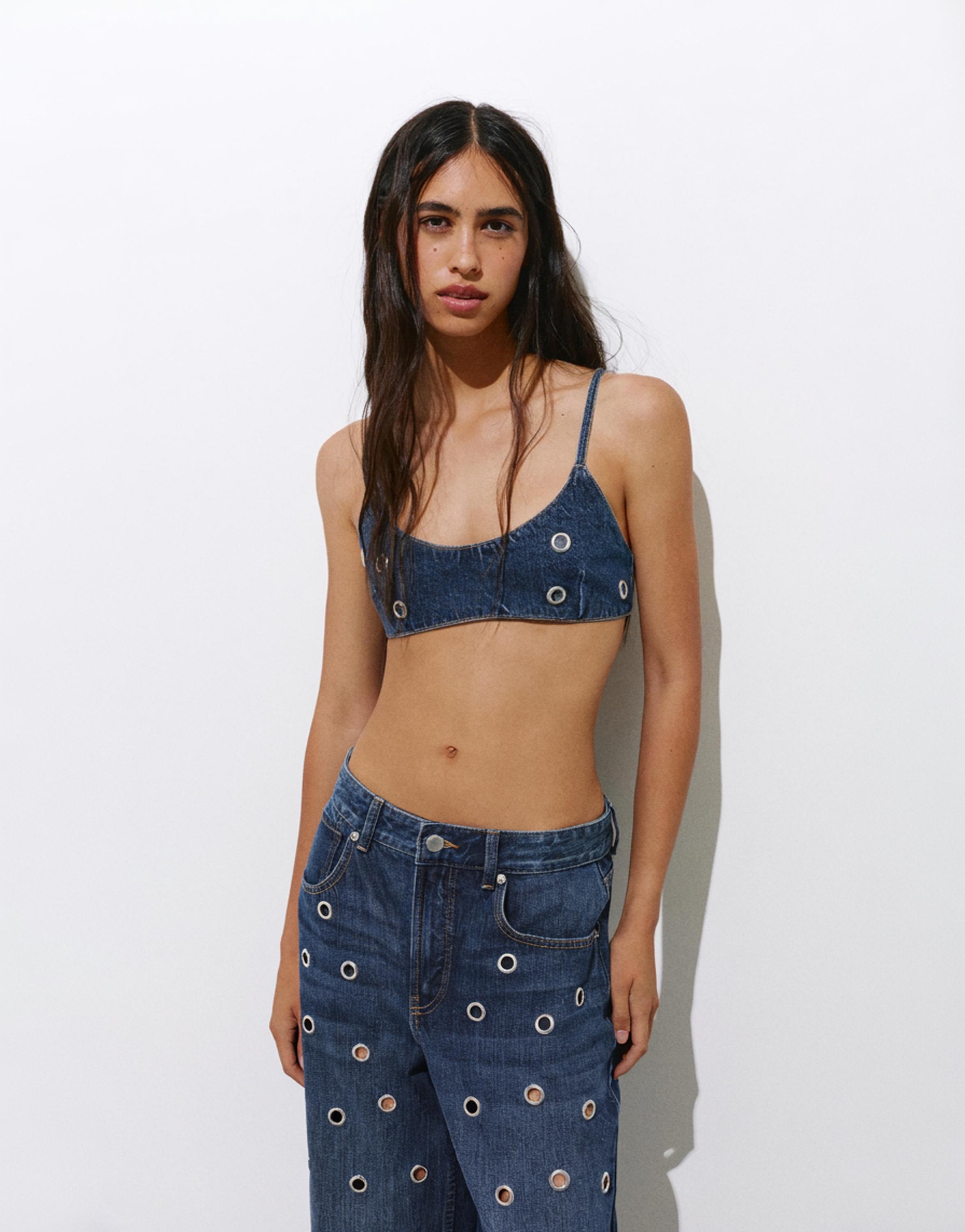 Kuşgözü detaylı denim top - Görsel 7