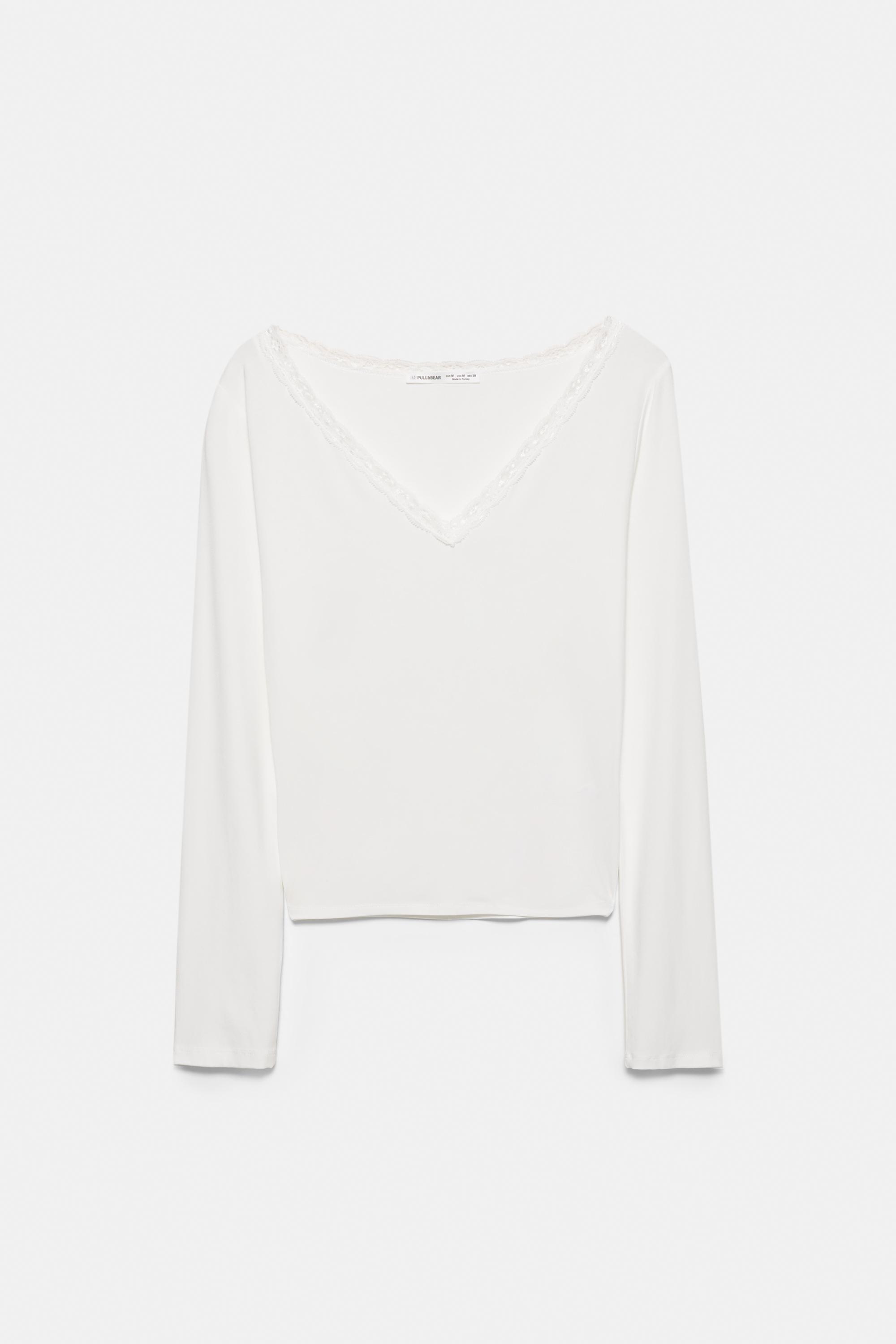 Lace trim neckline T-shirt — Off white