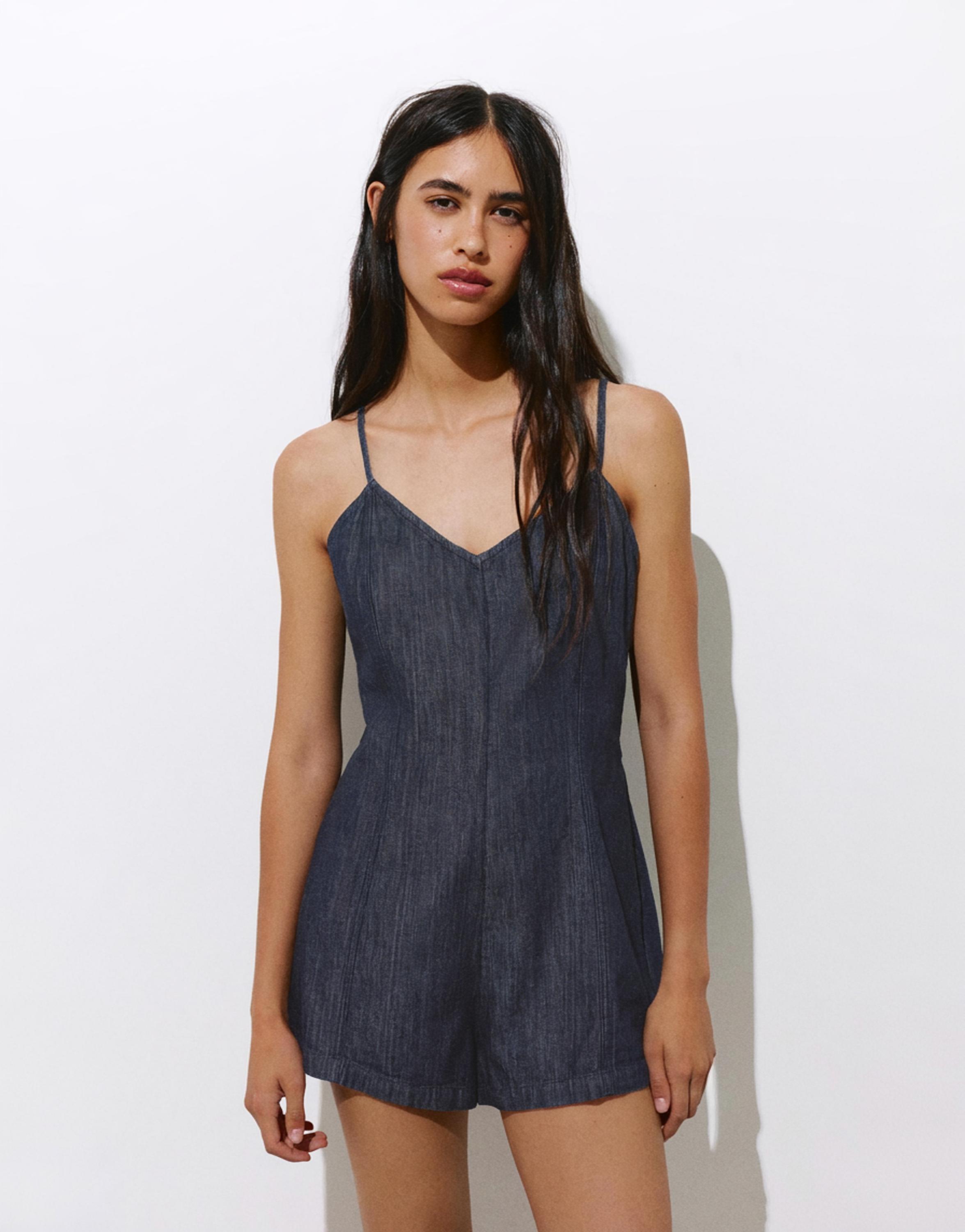 Denim playsuit with straps — Navy