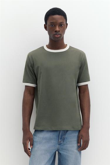 Contrast trim T-shirt — Khaki 1