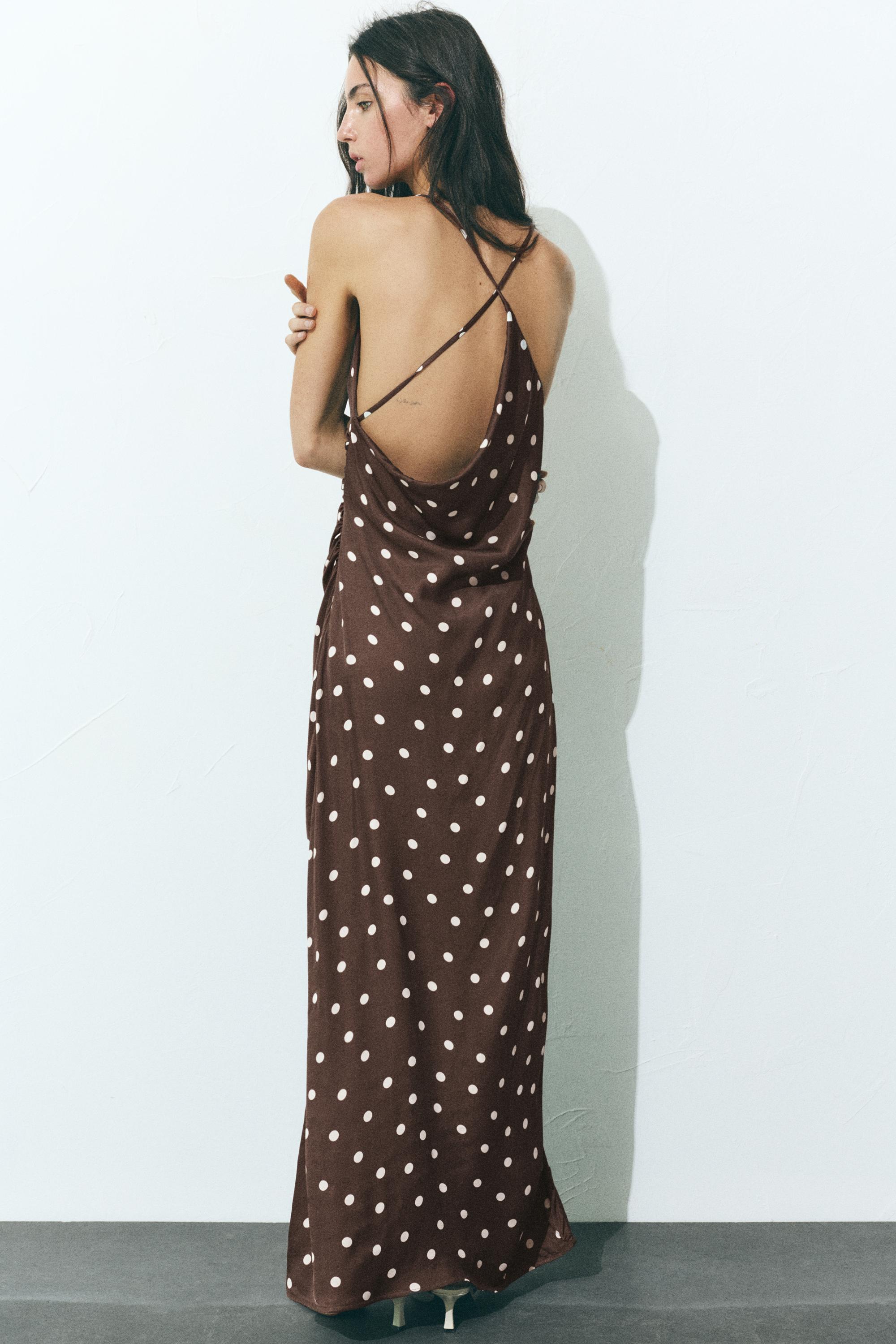 Draped polka dot satin dress — Brown
