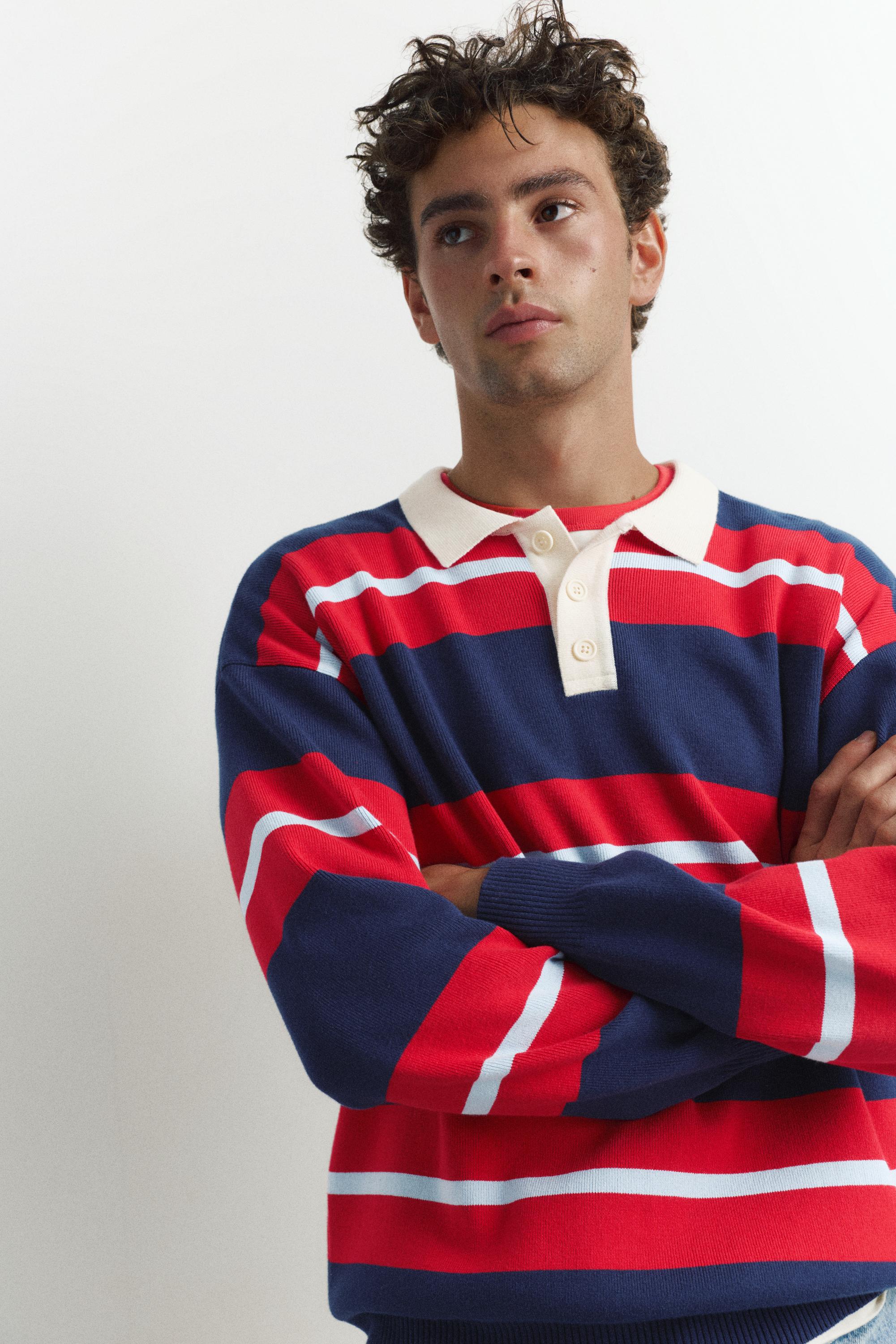 Striped knit polo shirt — Navy