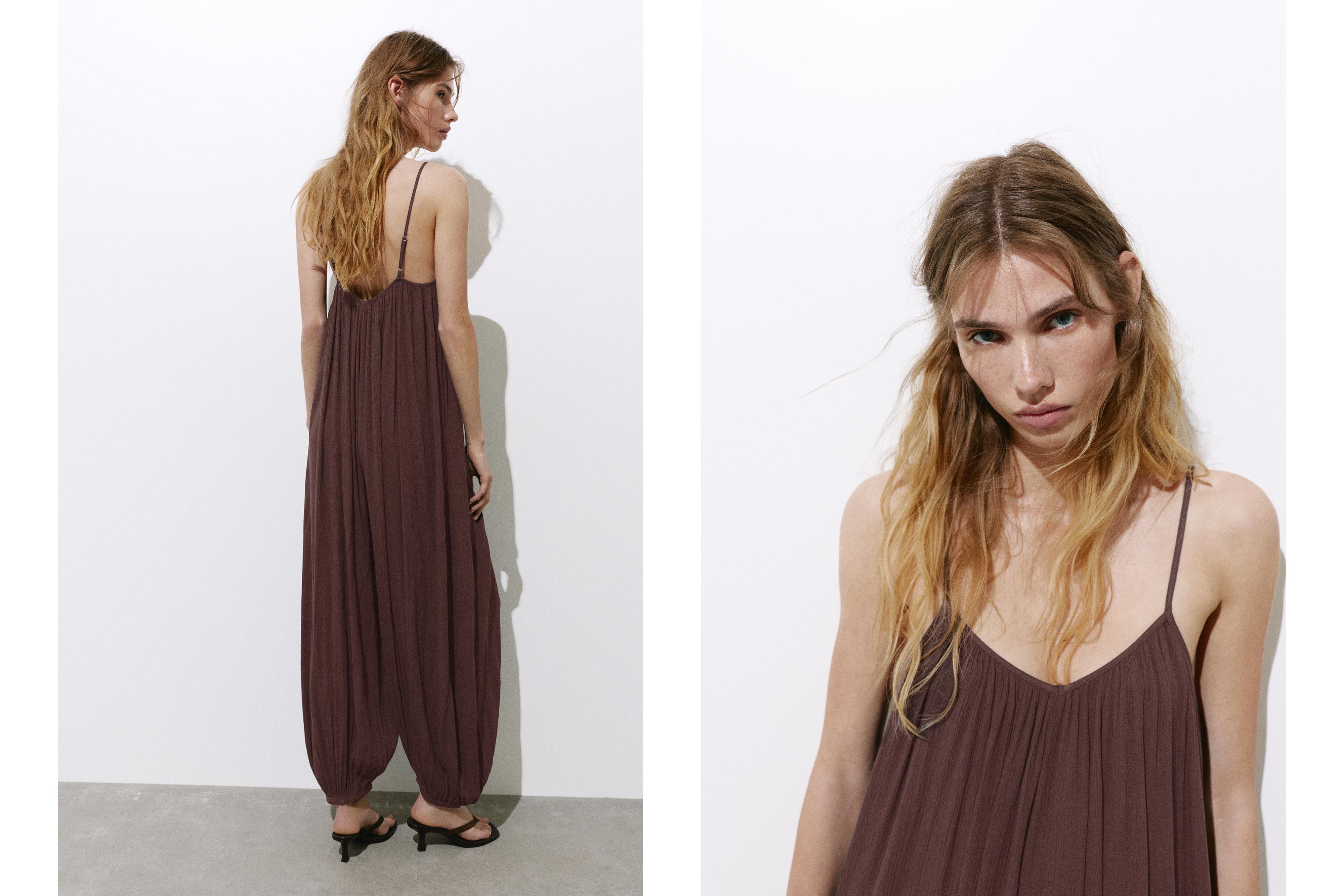 Flowing strappy sarouel jumpsuit — Brown