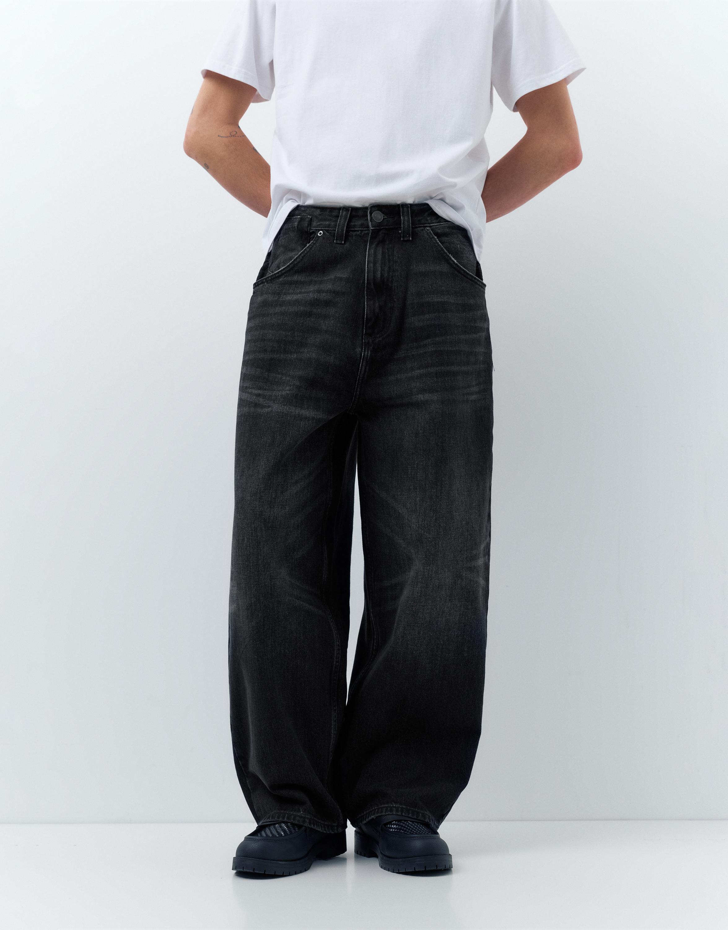 Embroidered super baggy jeans — Faded black