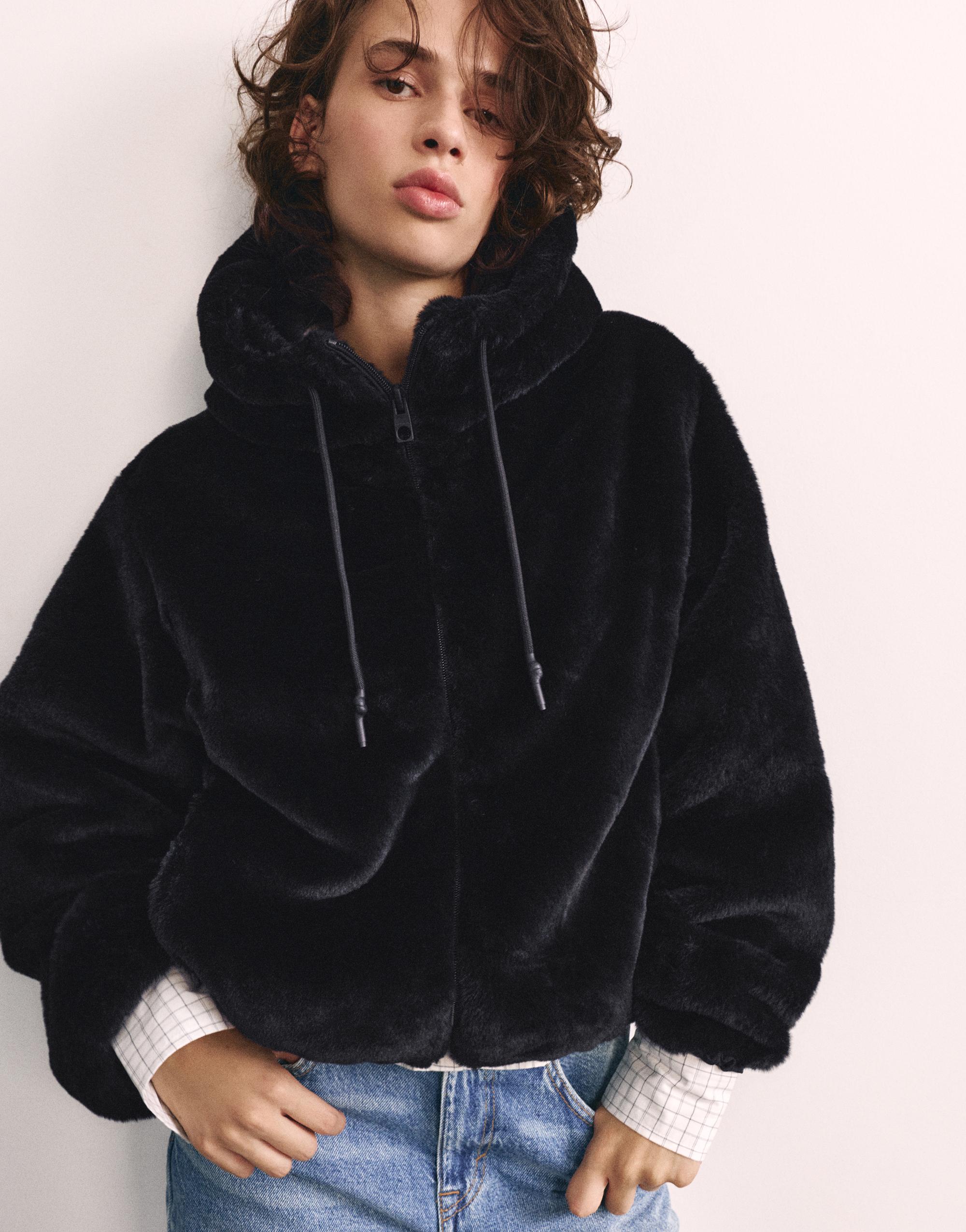 Hooded faux fur jacket — Black
