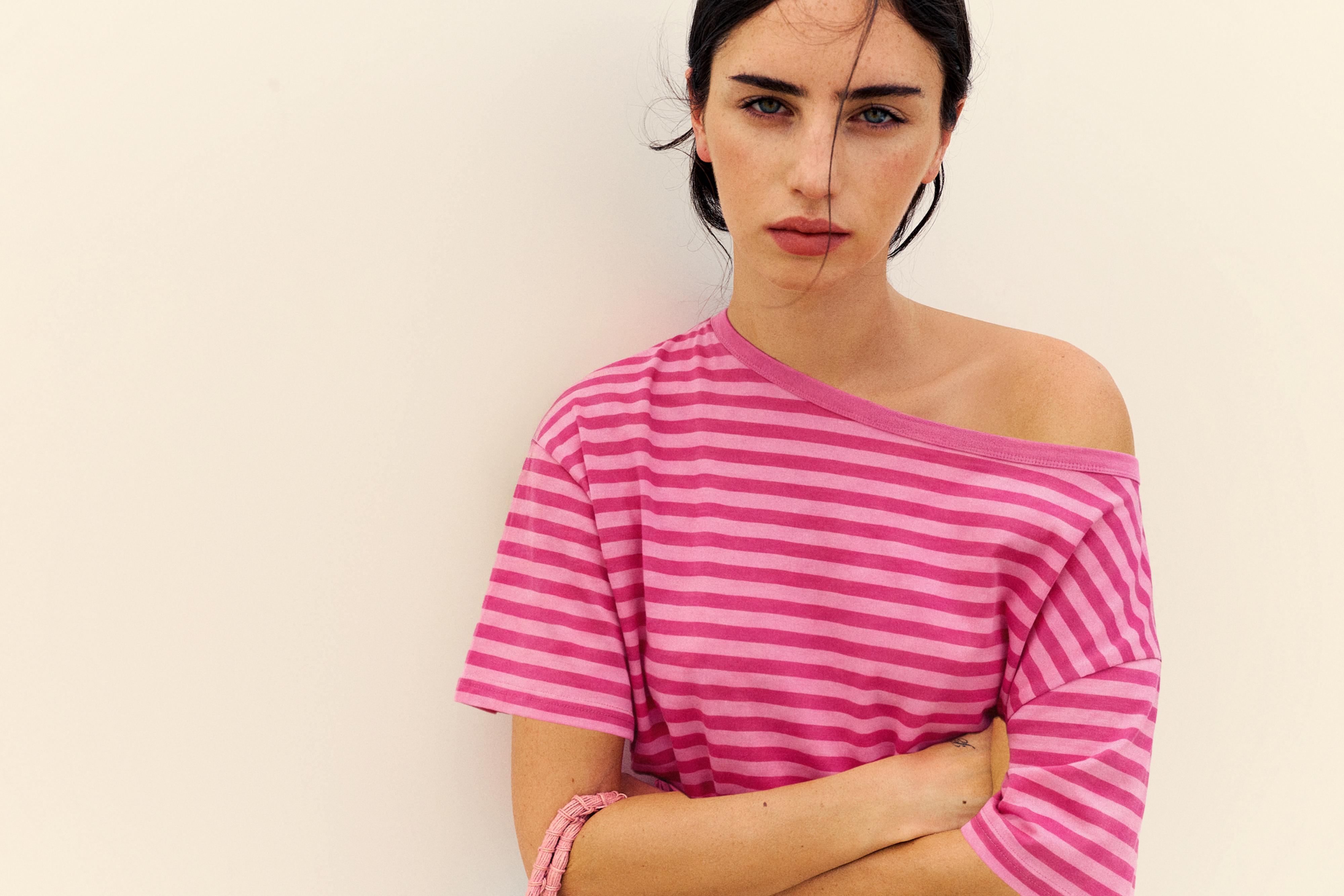 Asymmetric short sleeve T-shirt — Striped