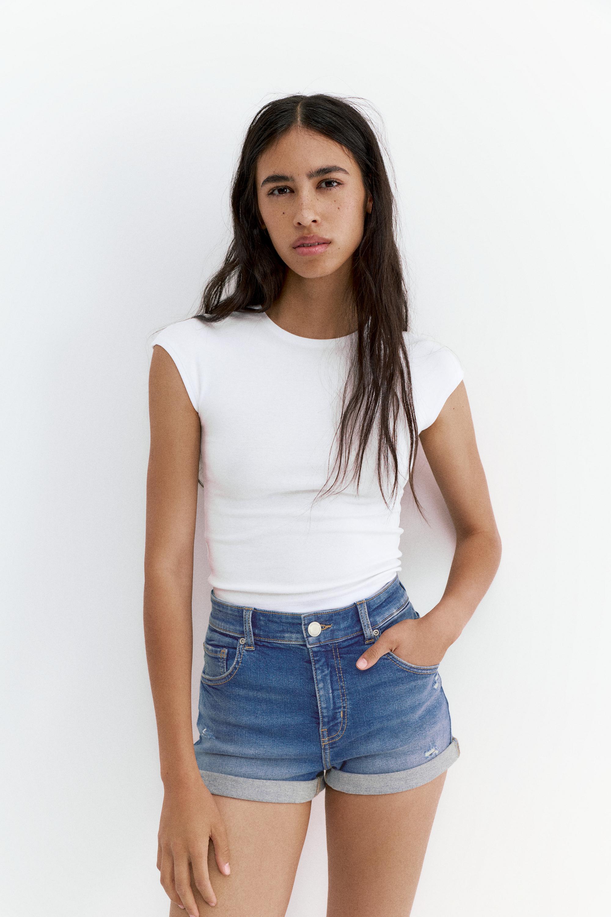 Orta bel denim şort - Görsel 14
