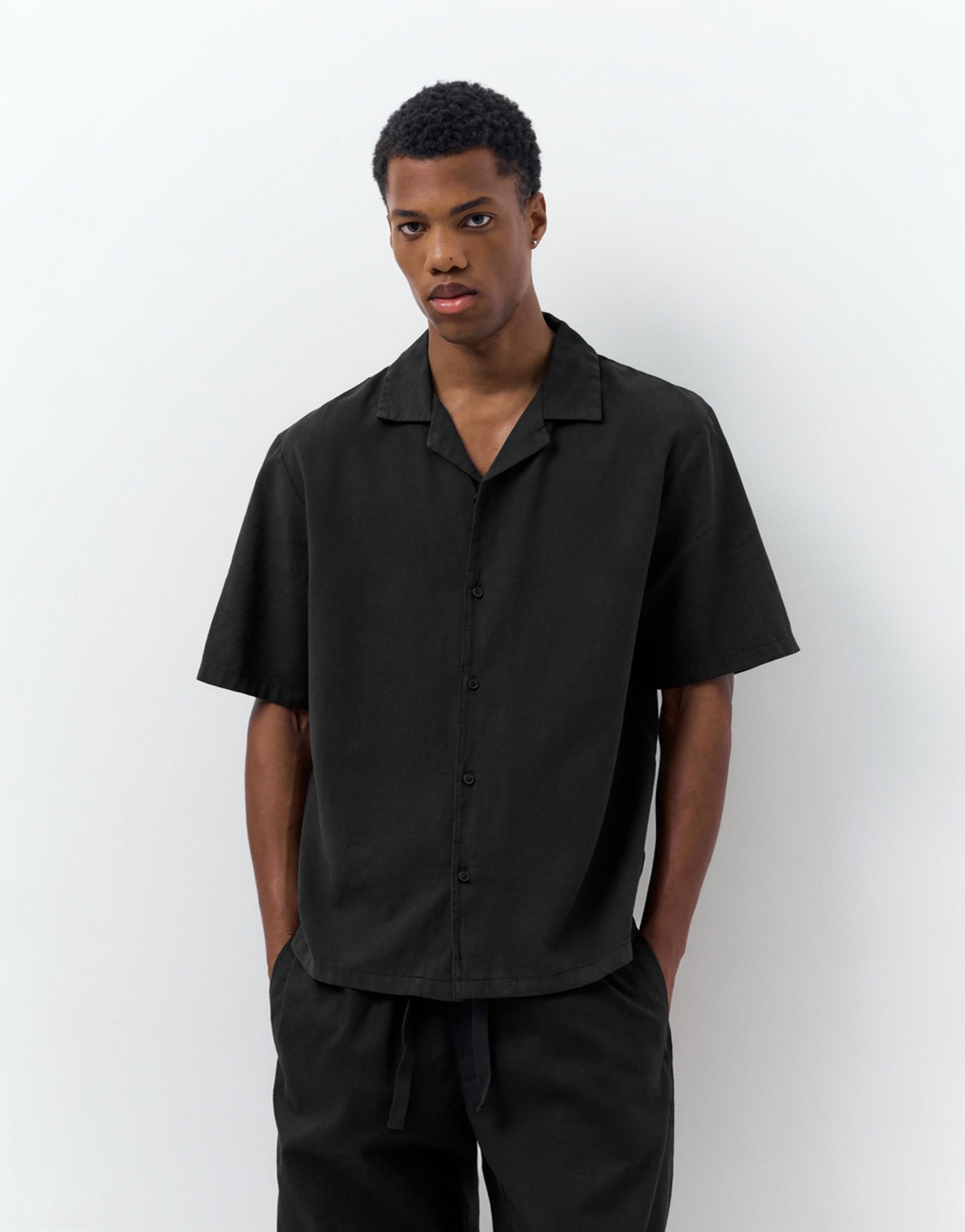 Short sleeve linen blend shirt — Black